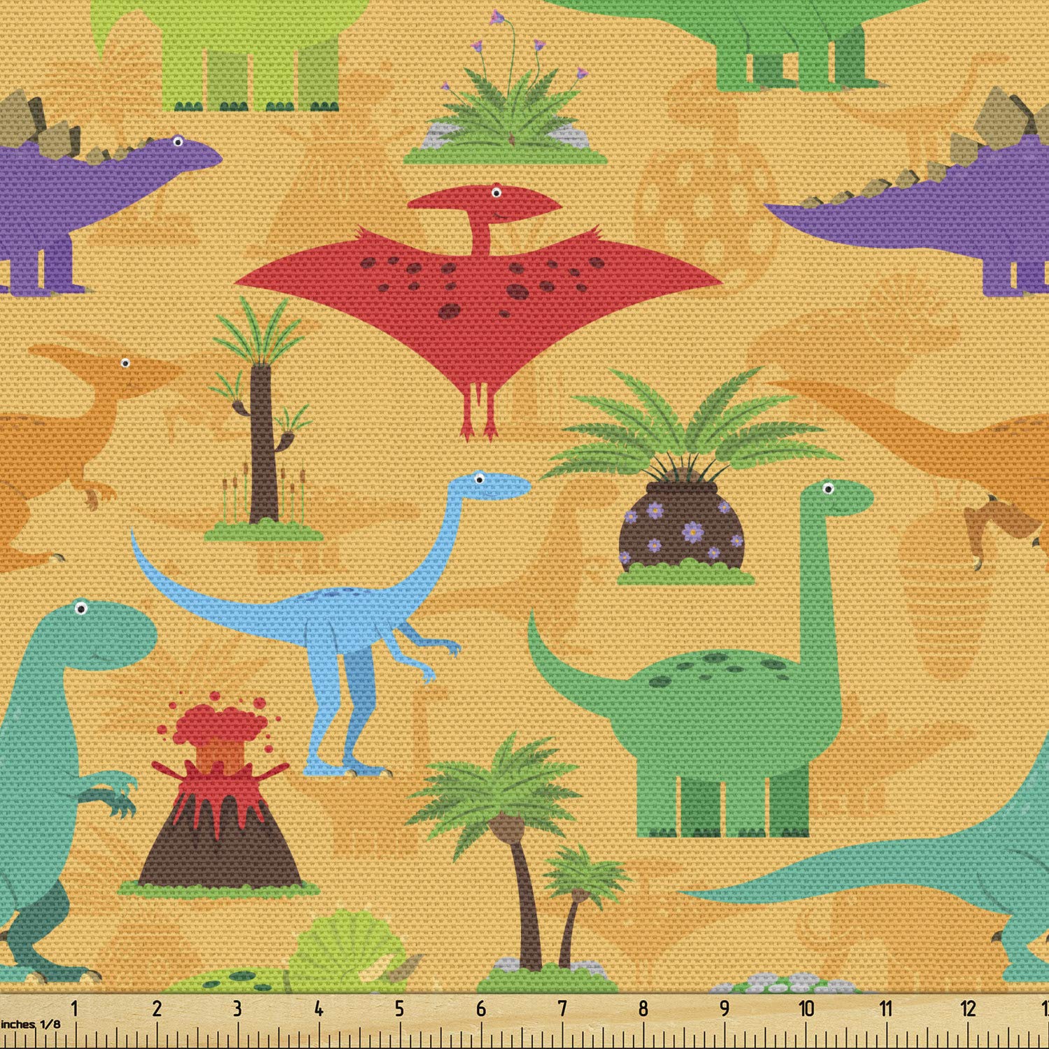 Ambesonne Fantasy Fabric by The Yard - Dinosaur & Prehistoric Plants Print Upholstery Fabric for Sofa, Curtains & Home Decor | Volcano Eruption Design | 10 Yards Multicolor Decorative Fabric | Perfect for DIY Projects, Nursery & Themed Rooms