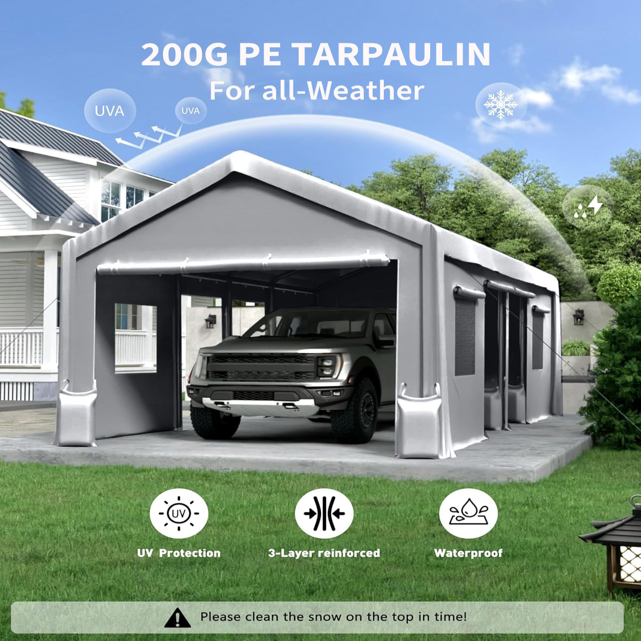 GARVEE 13'x25' 200G Heavy Duty Waterproof Carport Cover Replacement - UV Protected Shelter Tarp for Garage, Tent & Outdoor Use (Grey, Top Only, No Frame)