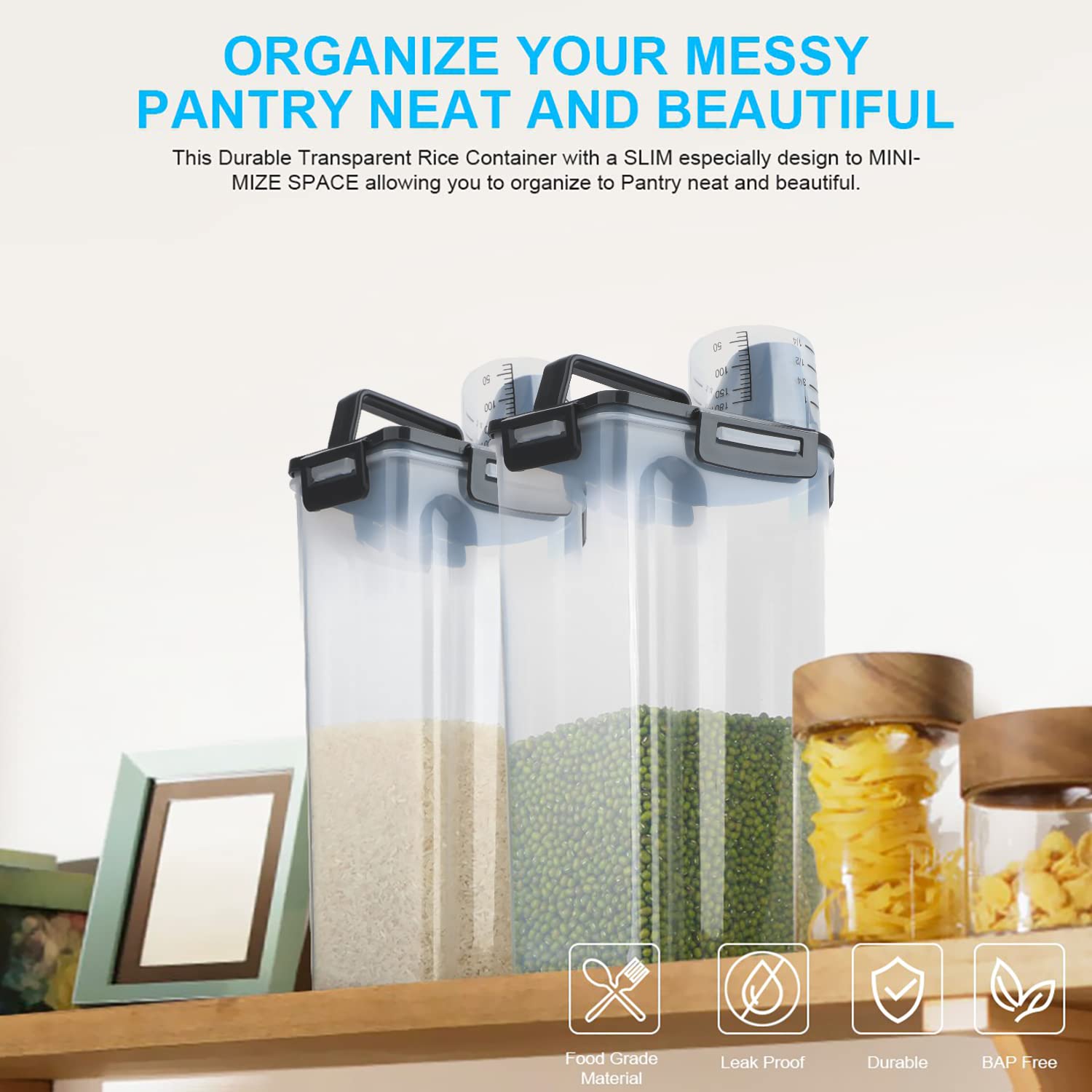 BPA-Free Plastic Rice Storage Containers with Airtight Seal & Pourable Spout - Dry Food Dispenser for Cereal, Flour, Baking Supplies - Includes Measuring Cup & Stainless Steel Whisk - Perfect for Kitchen Pantry Organization & Bulk Food Storage