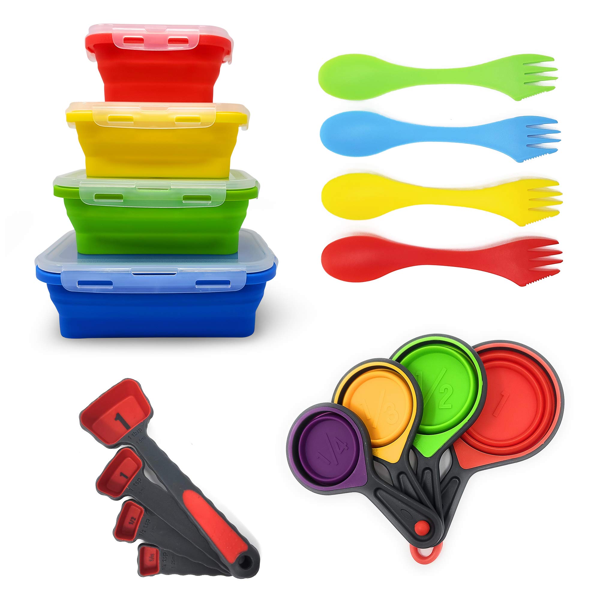 Collapsible Silicone Food Storage Containers 16-Piece Set with Lids - BPA-Free, Space-Saving Kitchen & Travel Essentials - Includes Measuring Cups, Spoons & Sporks - Perfect for Meal Prep, Camping & On-the-Go Lifestyles