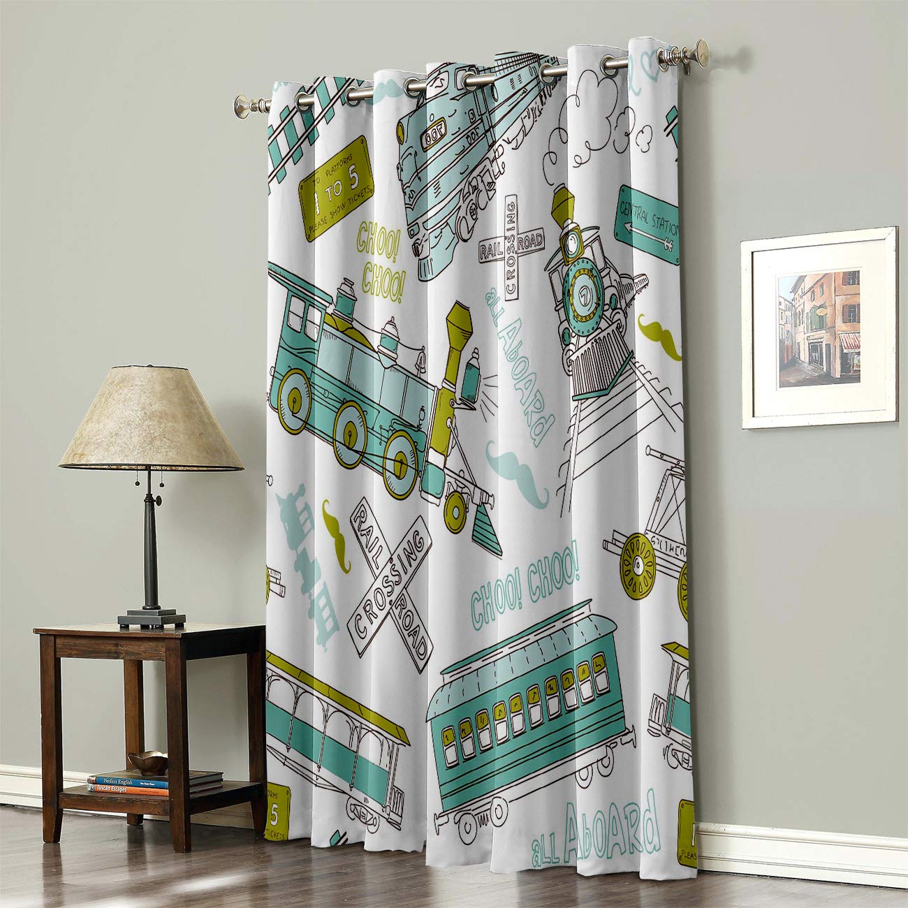Blackout Curtains for Bedroom - Thermal Insulated Room Darkening Drapes with Grommet Top (52x90 Inches, Blue Train Pattern) - Perfect for Kids Room, Living Room, Office & Sliding Glass Doors - Blocks Light & Noise for Better Sleep & Privacy