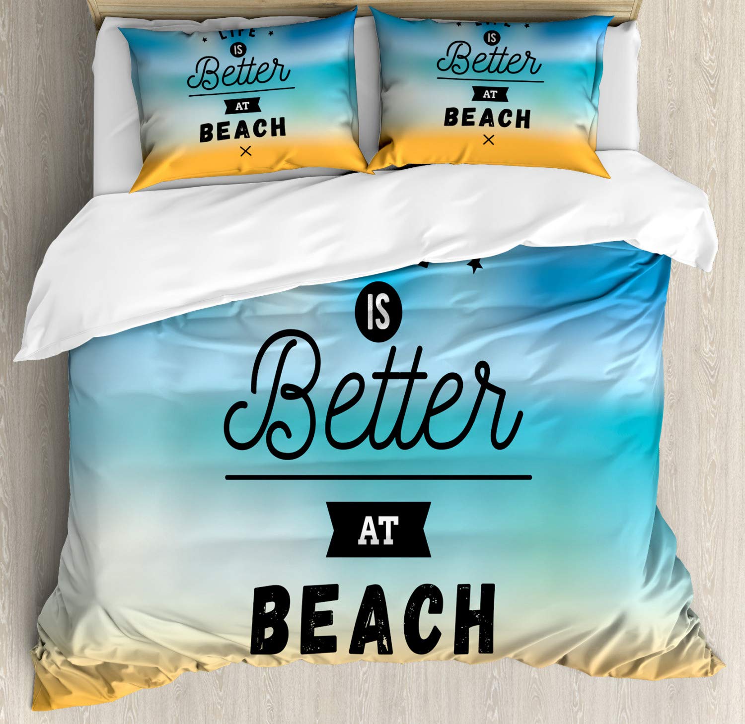 Ambesonne Beach Duvet Cover Set King Size - Coastal Themed 3-Piece Bedding with 2 Pillow Shams, Romantic Inspirational Quote on Blurry Seascape, Multicolor Bohemian Style - Perfect for Beach House, Vacation Rental & Coastal Bedroom Decor