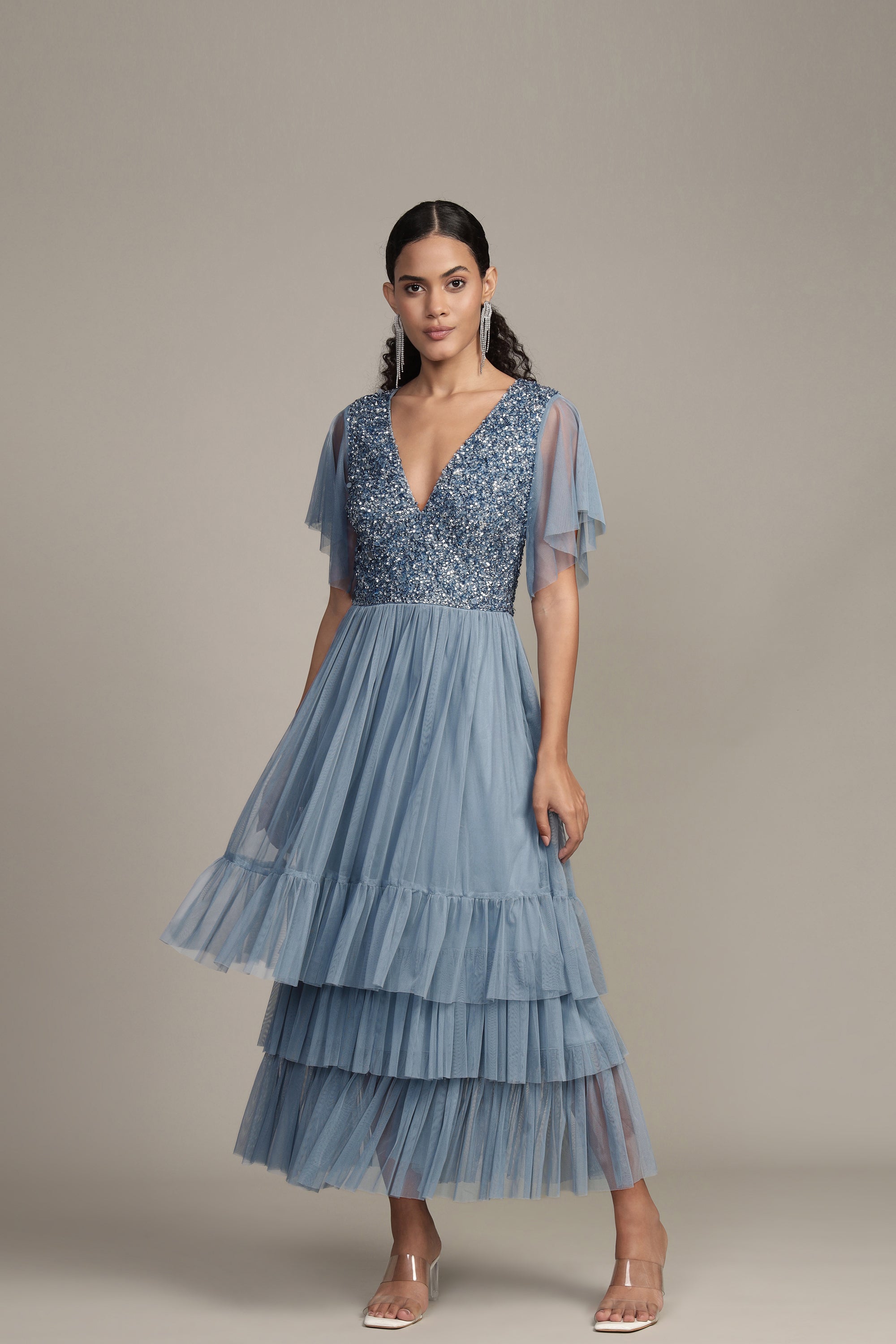 Elegant Maddie Embellished Midi Dress in Dusty Blue - Perfect for Weddings, Parties & Special Occasions