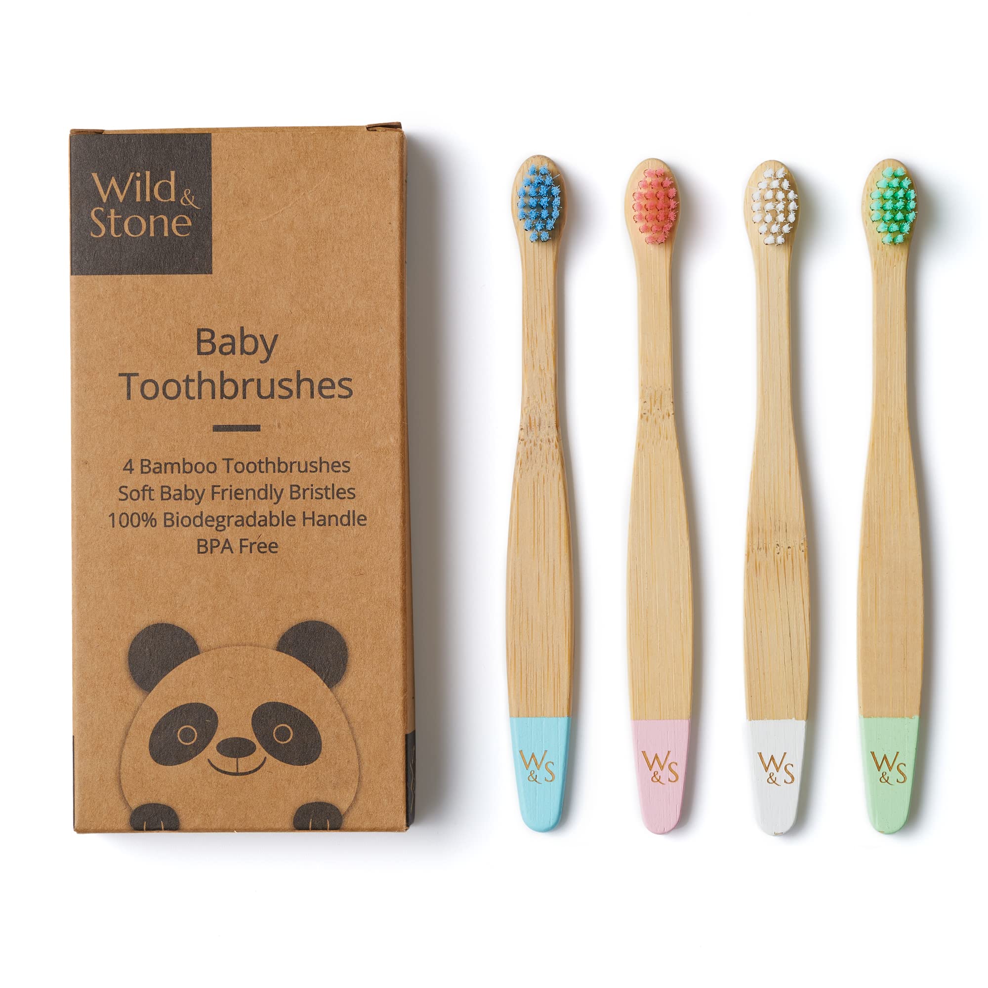 Wild & Stone Organic Baby Bamboo Toothbrushes - 4 Pack Eco-Friendly Soft Bristle Toothbrushes for Kids | 100% Biodegradable Handle | BPA Free & Vegan | Gentle Dental Care for Toddlers & Infants | Perfect for Travel, Home & Eco-Conscious Families
