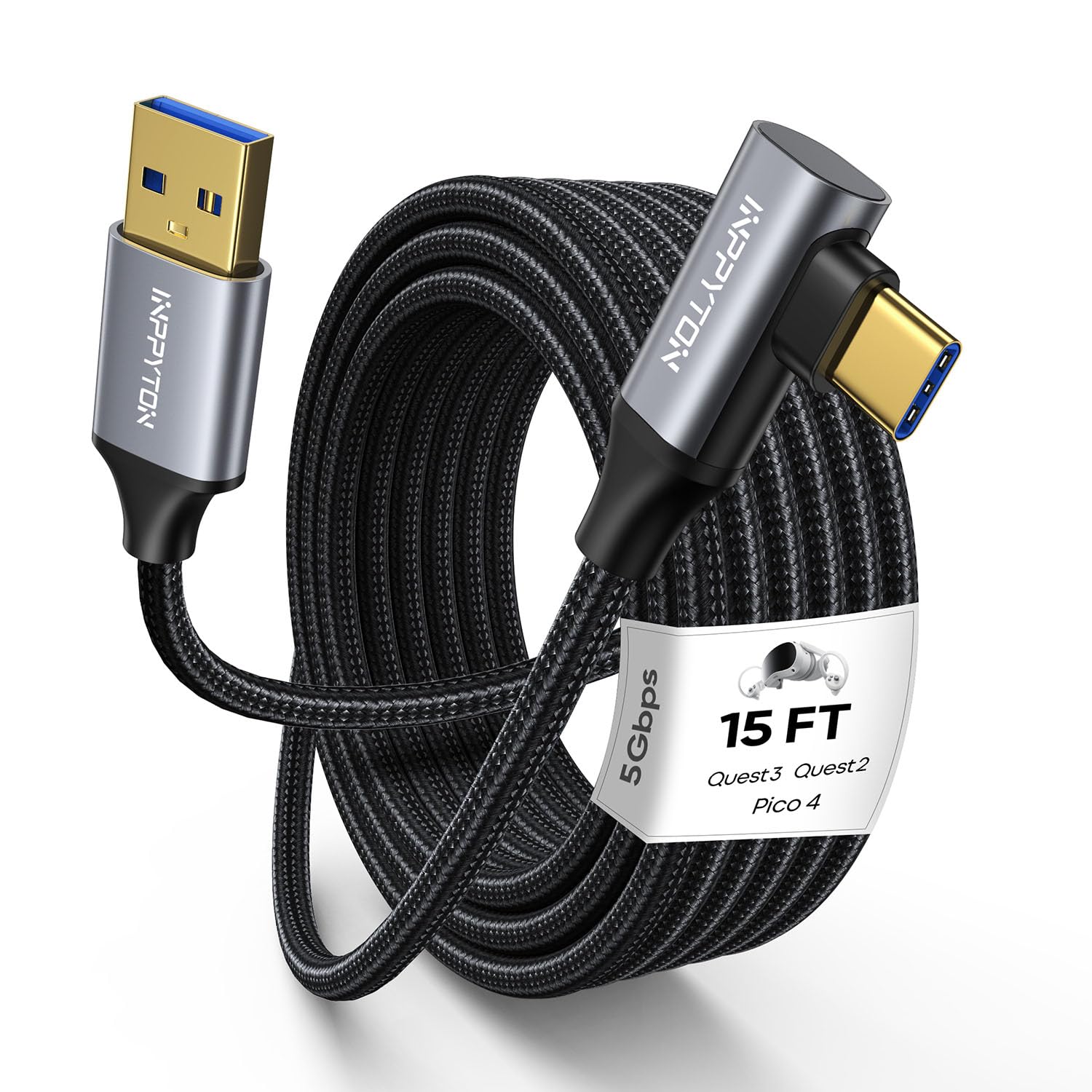 Meta Oculus Quest 3/2/Pro & Pico 4 Right Angle Link Cable 15FT - Braided USB 3.0 to USB-C VR Cable with 5Gbps High-Speed Data Transfer for PC & SteamVR - Perfect for Virtual Reality Gaming, Streaming & Extended Play Sessions