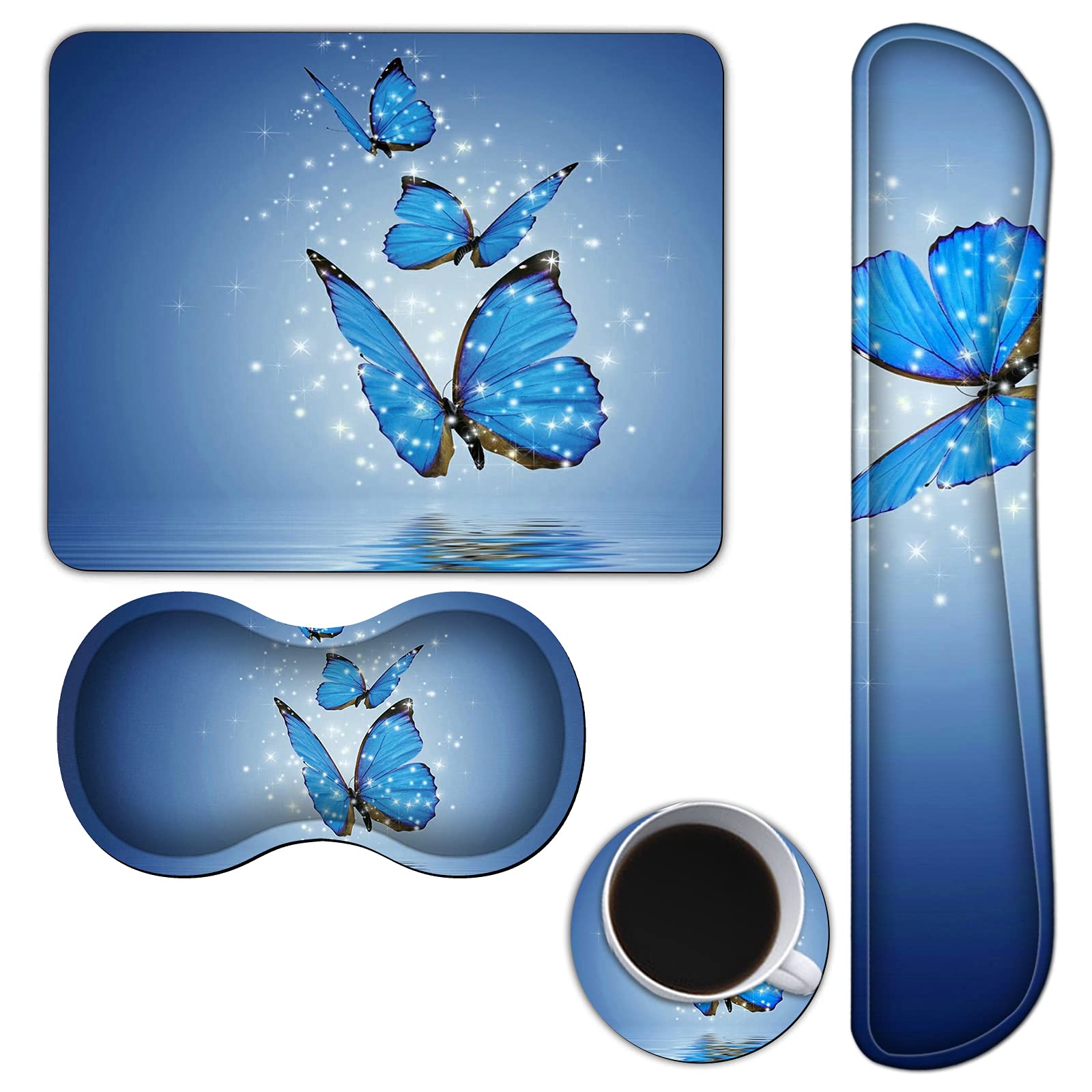 Ergonomic Keyboard Wrist Rest & Mouse Pad Set with Memory Foam - 4PC Blue Butterfly Design for Comfortable Typing & Gaming | Perfect for Home Office & Computer Workstations