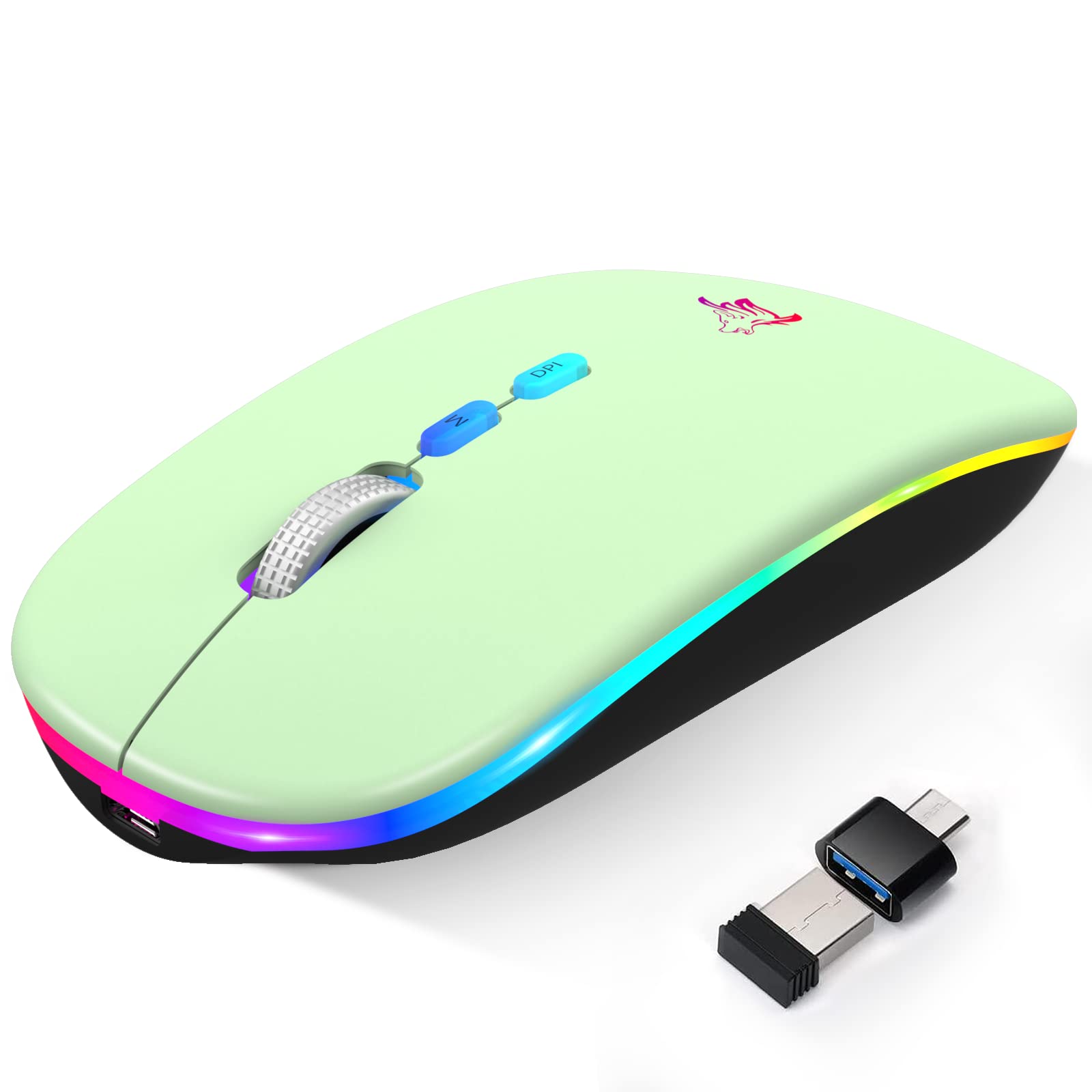 Hotlife Wireless Rechargeable Bluetooth Mouse - Ergonomic Silent Optical Mouse with USB Receiver & Type C Adapter (Green) | Perfect for Office, Home & Travel Use on Laptop, PC, MacBook