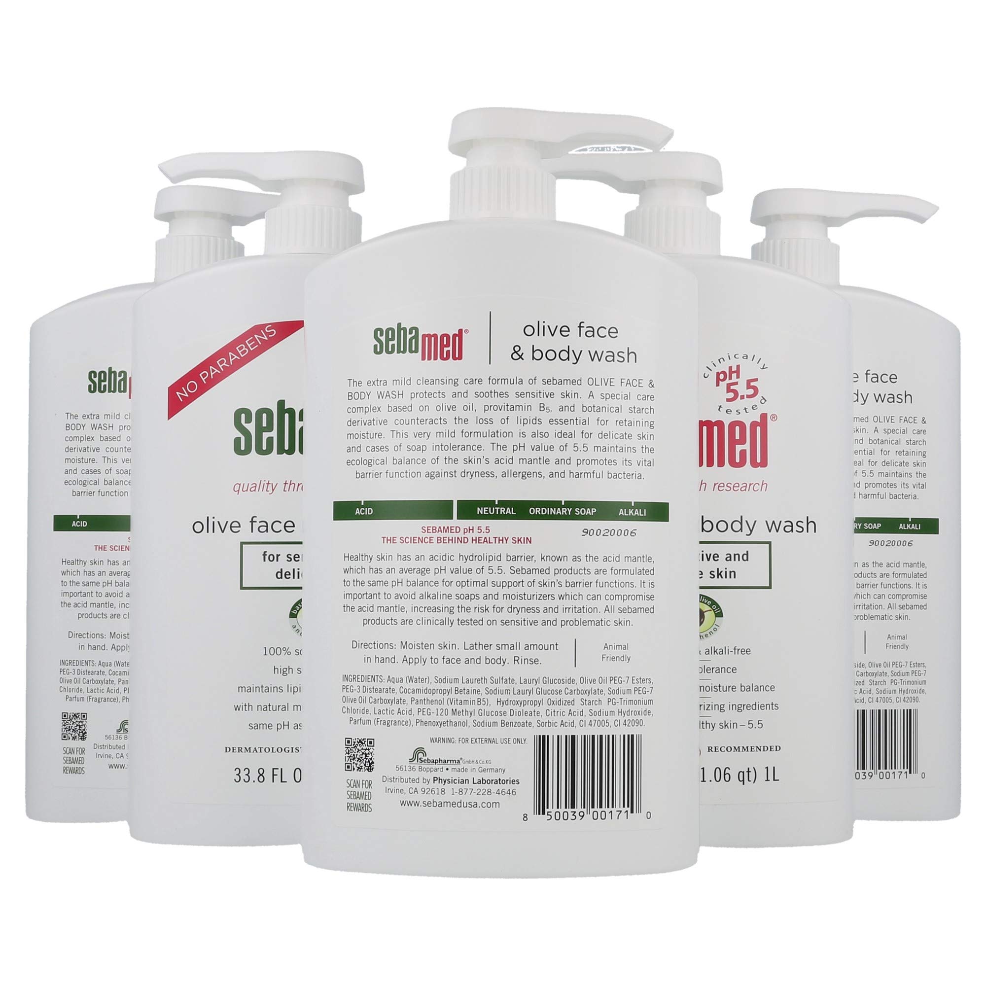 Sebamed Olive Face and Body Wash for Sensitive Skin - pH 5.5 Ultra Mild Cleanser with Pump (33.8 oz/1L, Pack of 5) | Dermatologist Recommended | Gentle Daily Use for Face, Body & Baby Care