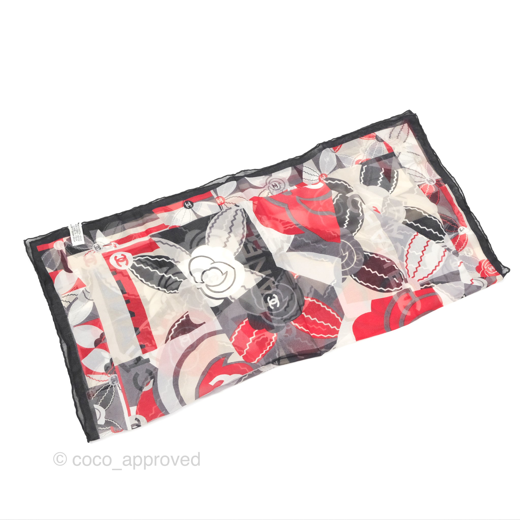 Chanel CC Silk Square Scarf 90 - Elegant Grey Red White Pattern - Luxury Fashion Accessory for Women - Perfect for Gifts, Parties, and Everyday Style