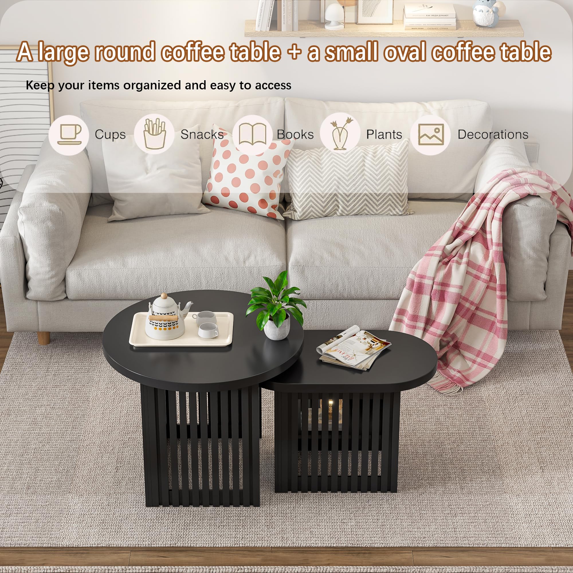 Modern Round Nesting Coffee Table Set of 2 with Storage Shelf & Fluted Panel - Black Wood Stacking Side Tables for Small Spaces - Perfect for Living Room, Bedroom & Apartment Decor