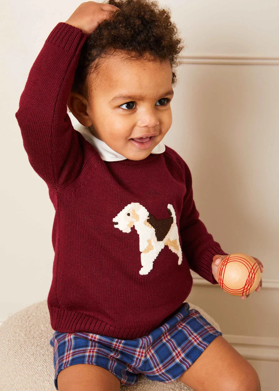 Burgundy Dog Intarsia Knit Sweater for Kids - Cozy Winter Pullover for Boys & Girls (12 Months to 10 Years) | Perfect for Christmas Photos, Family Outings & Cold Weather Playdates
