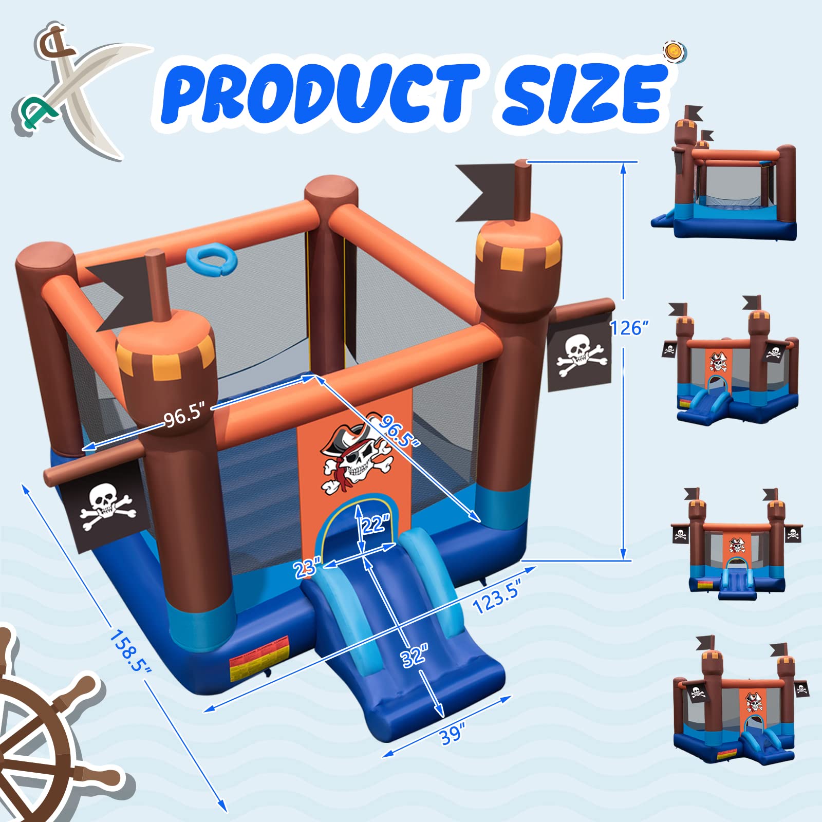 BOUNTECH Pirate Theme Inflatable Bounce Castle for Kids Ages 5-12 - Large Bouncy House with 735W Blower for Indoor & Outdoor Birthday Parties, Backyard Fun, and Toddler Play (Perfect for Birthday Gifts, Summer Events, and Family Gatherings)
