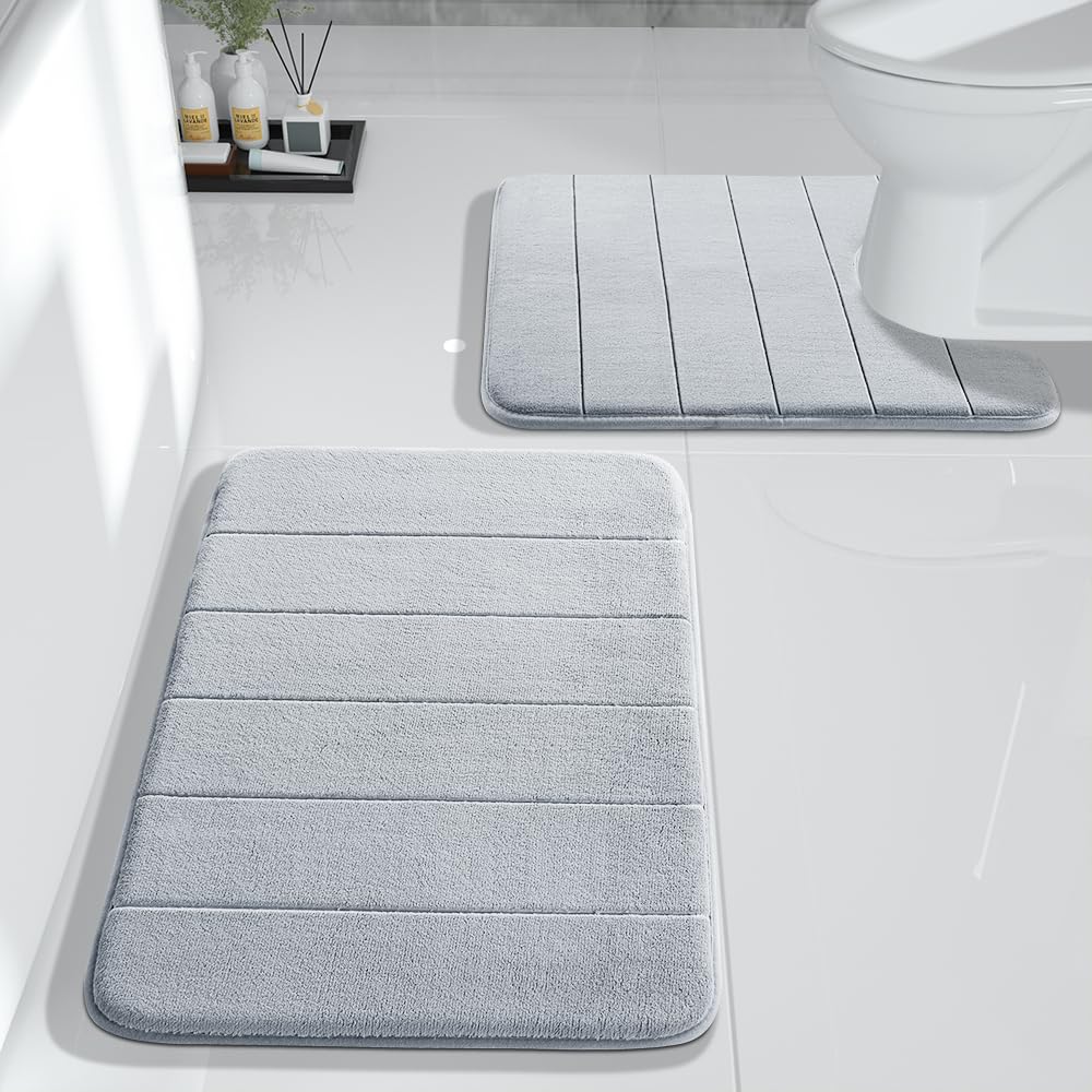 Yimobra 2-Piece Memory Foam Bath Mat Set - Ultra Soft Non-Slip Bathroom Rugs (17x24 & 24x20.4 Inches) - Quick Dry, Super Absorbent U-Shaped Toilet Mats for Bathroom Floor - Silver - Perfect for Bathrooms, Showers & Spa Areas