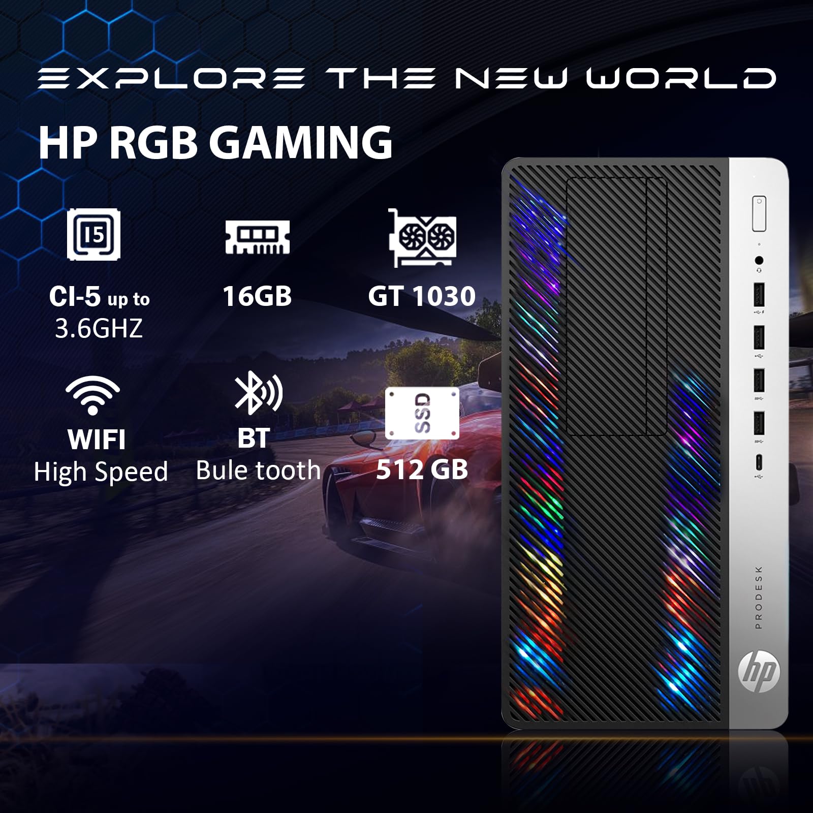 HP RGB Gaming PC - Intel i5-6500, GT 1030, 16GB DDR4 for Esports & Streaming