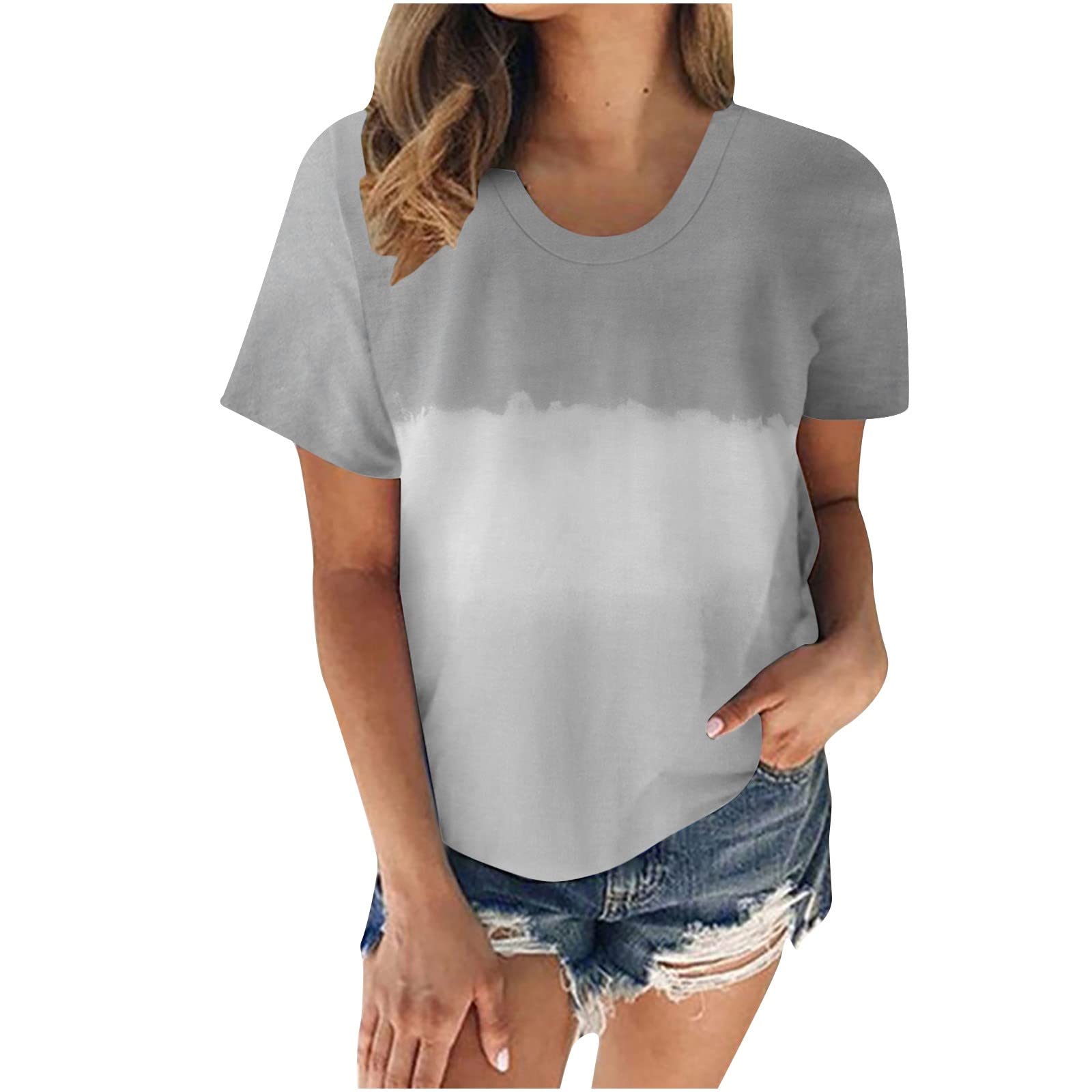 Women's Summer V-Neck T-Shirts - Casual Short Sleeve Ombre Printed Loose Fit Plus Size Tops | Trendy Basic Tees for Everyday Wear, Beach Outings & Summer Vacations