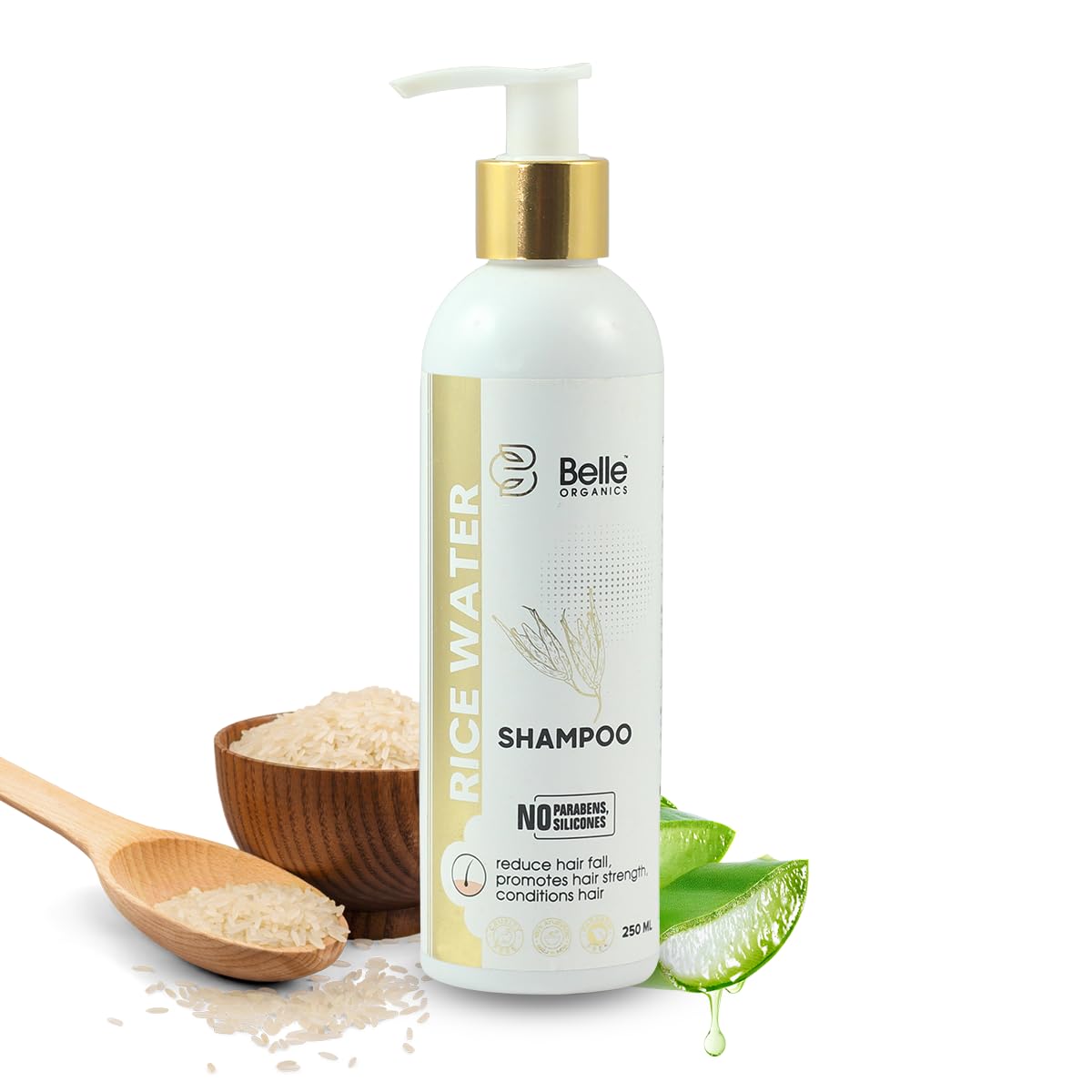 Belle Organics Rice Water Shampoo for Hair Growth - Sulfate & Silicone Free Shampoo to Strengthen Hair, Reduce Hair Loss & Add Shine - Moisturizing Scalp Treatment for Men & Women - All Hair Types - 250ml - Perfect for Daily Hair Care & Damaged Hair Repair