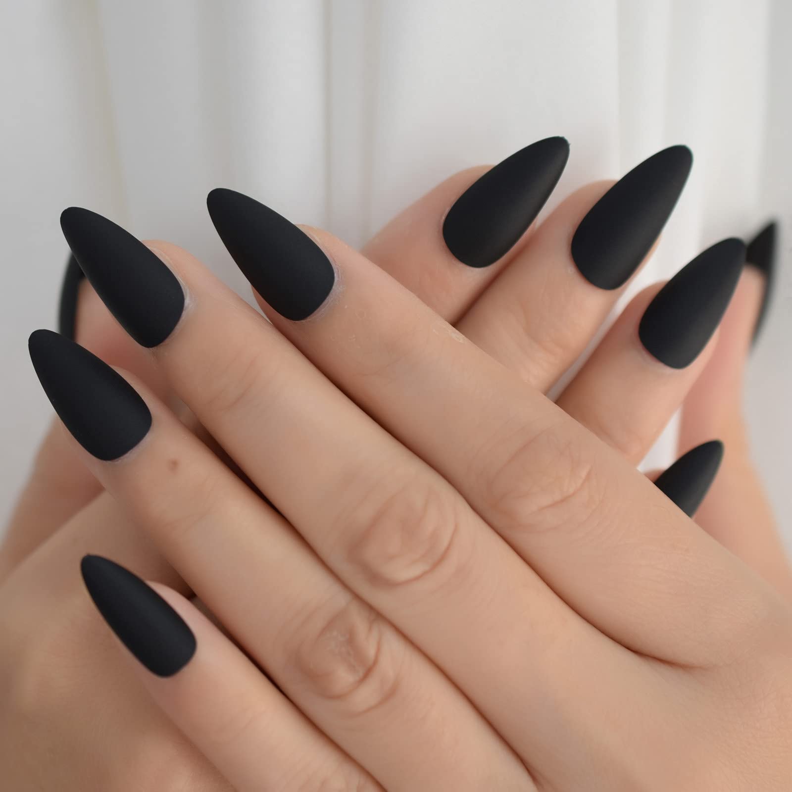 iMABC Matte Black Press On Nails - Medium Almond Acrylic Fake Nails Kit with Stiletto Full Cover Tips | Solid Color Nail Extensions for Women | Perfect for Parties, Weddings & Daily Wear