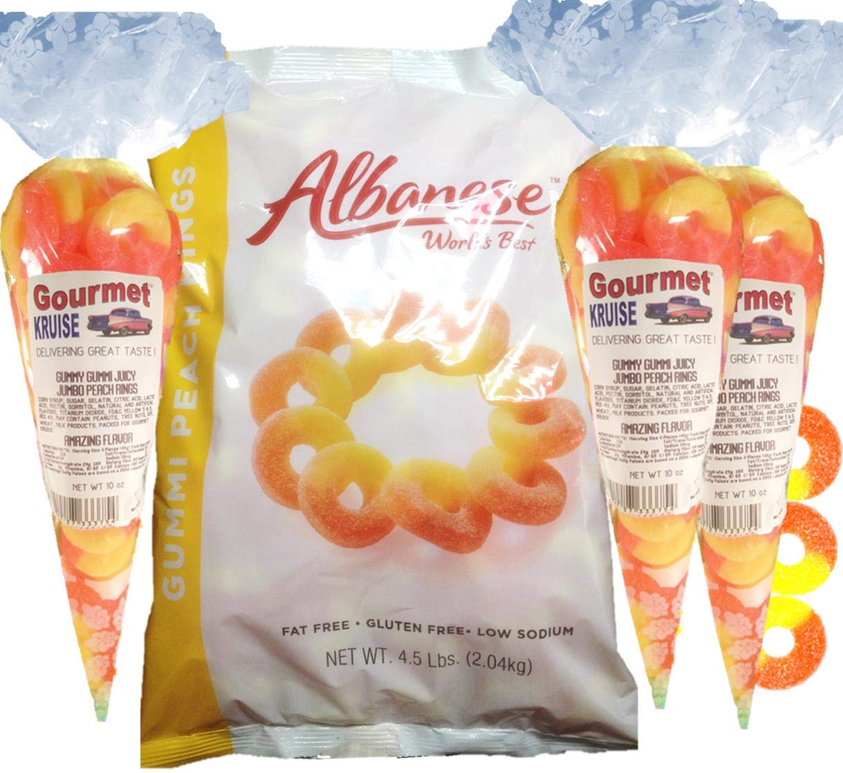 Albanese Gourmet Peach Gummy Rings - 4.5lb Bulk Bag + 3 Bonus Bags (10oz Each) - Soft & Chewy Candy for Parties, Movie Nights & Gift Giving - Kosher, Gluten Free Treats