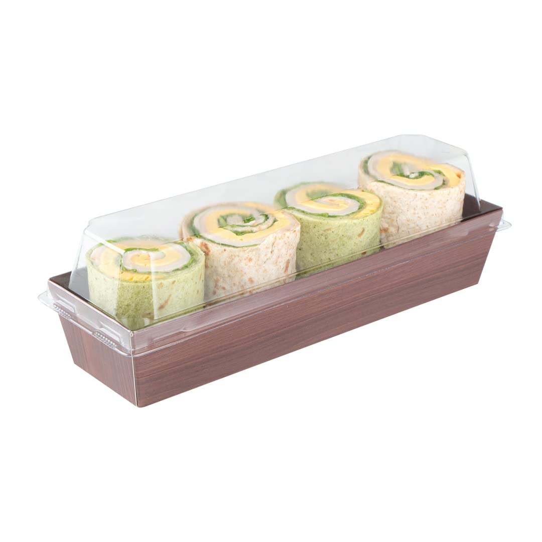 Restaurantware Matsuri Vision 6.5 x 1.7 x 1.4 Inch Disposable Sushi Trays - 100 Greaseproof Wood Grain Paper Sushi Containers for Appetizers, Desserts & Takeout (Lids Sold Separately) | Perfect for Japanese Restaurants, Catering & Food Delivery
