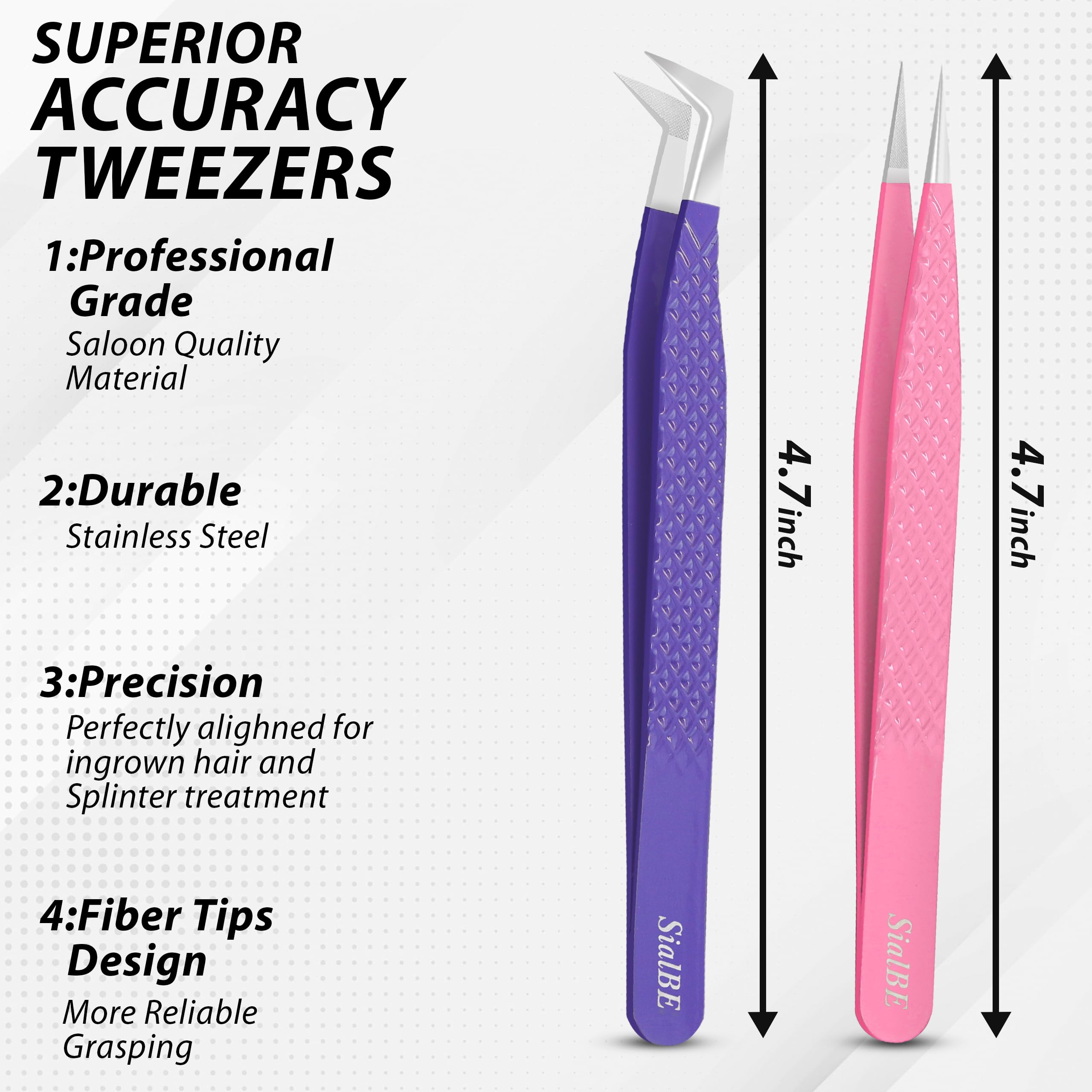 Premium SialBE Diamond Grip Eyelash Extension Tweezers Set - 2PC Stainless Steel Fiber Tip Tweezers (Straight & L-Shape) for Professional & DIY Lash Artists | Perfect for Salon, Home Use & Travel Lash Kits