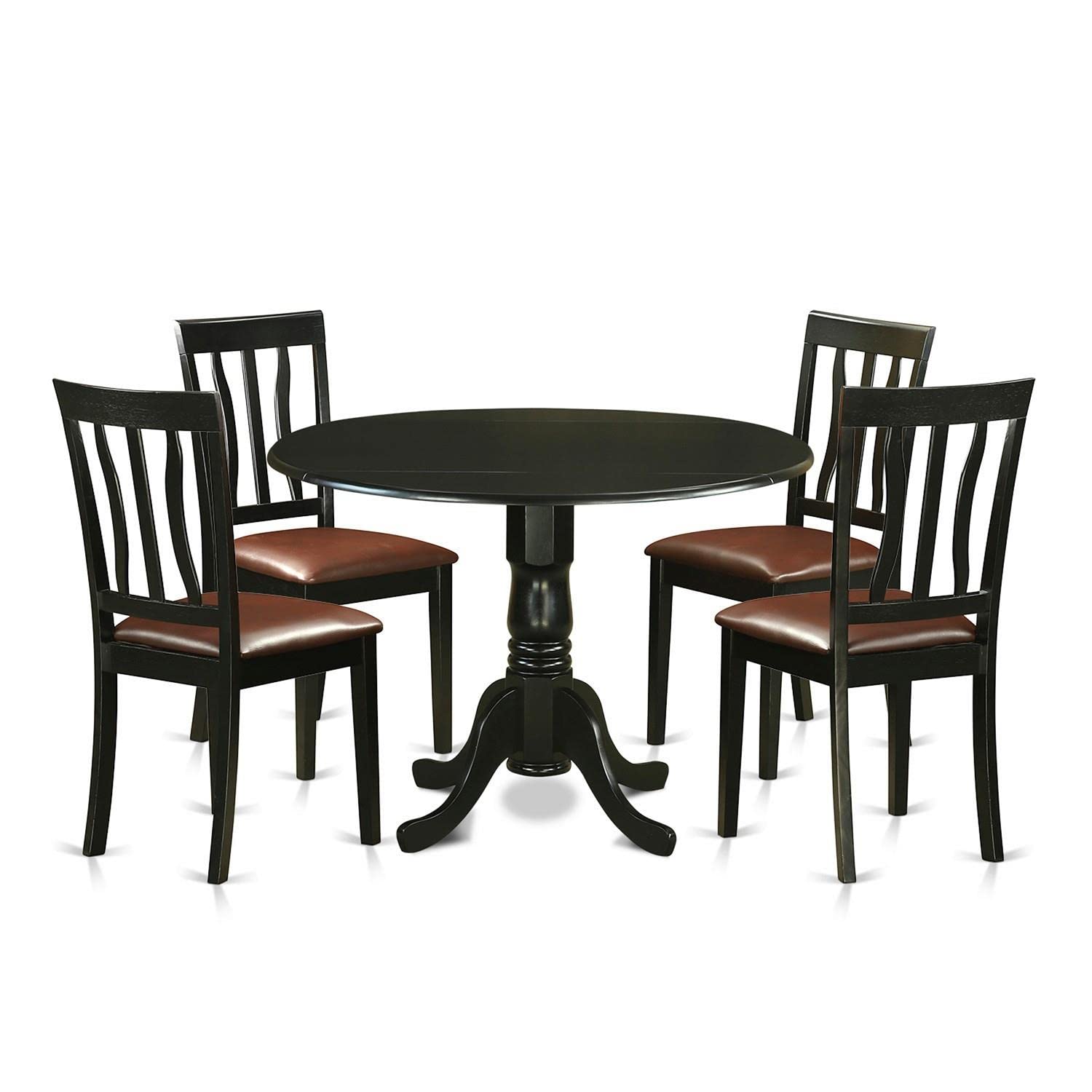 East West Furniture 5-Piece Black Dining Set with Round Drop-Leaf Table & 4 Faux Leather Chairs - 42x42 Inch Kitchen Table for Small Spaces, Breakfast Nook, Apartment Dining Room | Perfect for Family Meals & Entertaining Guests