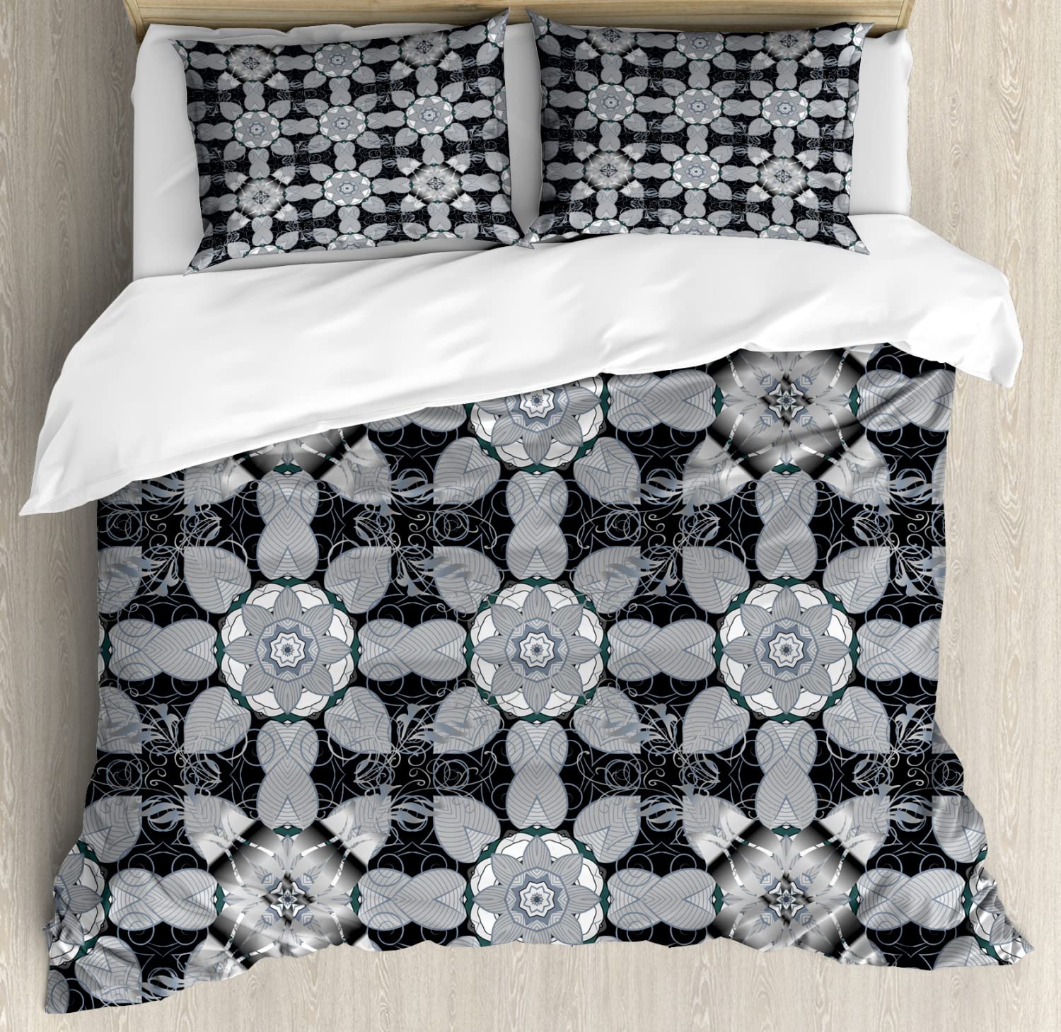 Ambesonne Black and Grey Duvet Cover Set - 2 Pack California King Size with 4 Pillowcases | Traditional Vintage Motif Bedding | Soft Taupe Grey Luxury Duvet Cover for Master Bedroom, Guest Room & Cozy Home Decor