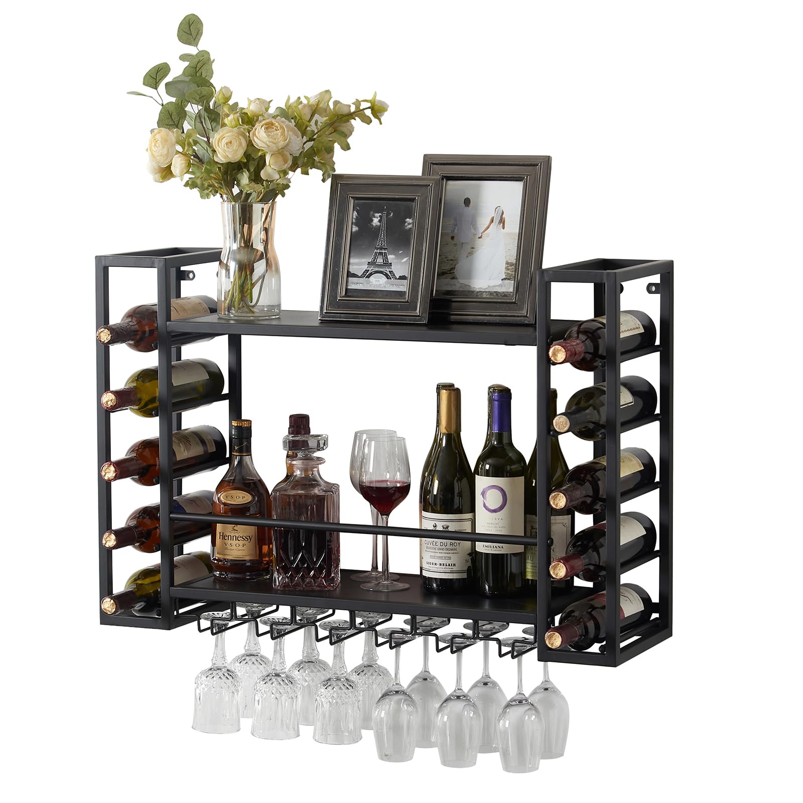 31.5 Inch Black Metal Wall Mounted Wine Rack with Glass Holder - Space Saving Wine Bottle Storage Display for Home Bar, Dining Room, Kitchen - Perfect for Entertaining Guests & Organizing Your Wine Collection