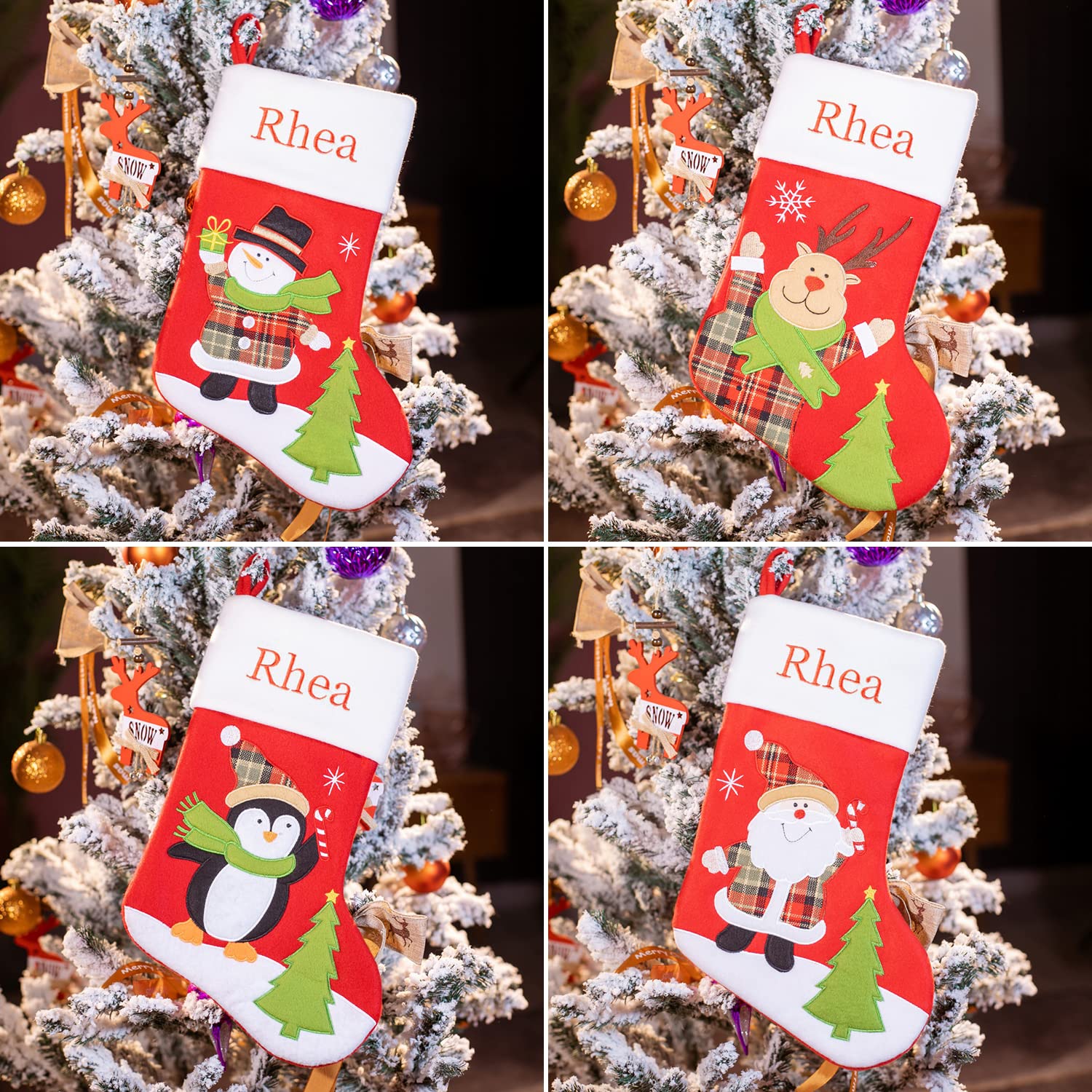Set of 4 Personalized Christmas Stockings - 18 Inch Fleece Stockings with Embroidery Names for Family (Santa, Mrs. Claus, Snowman, Reindeer Designs) - Perfect for Holiday Decor, Fireplace Mantel & Gift Giving