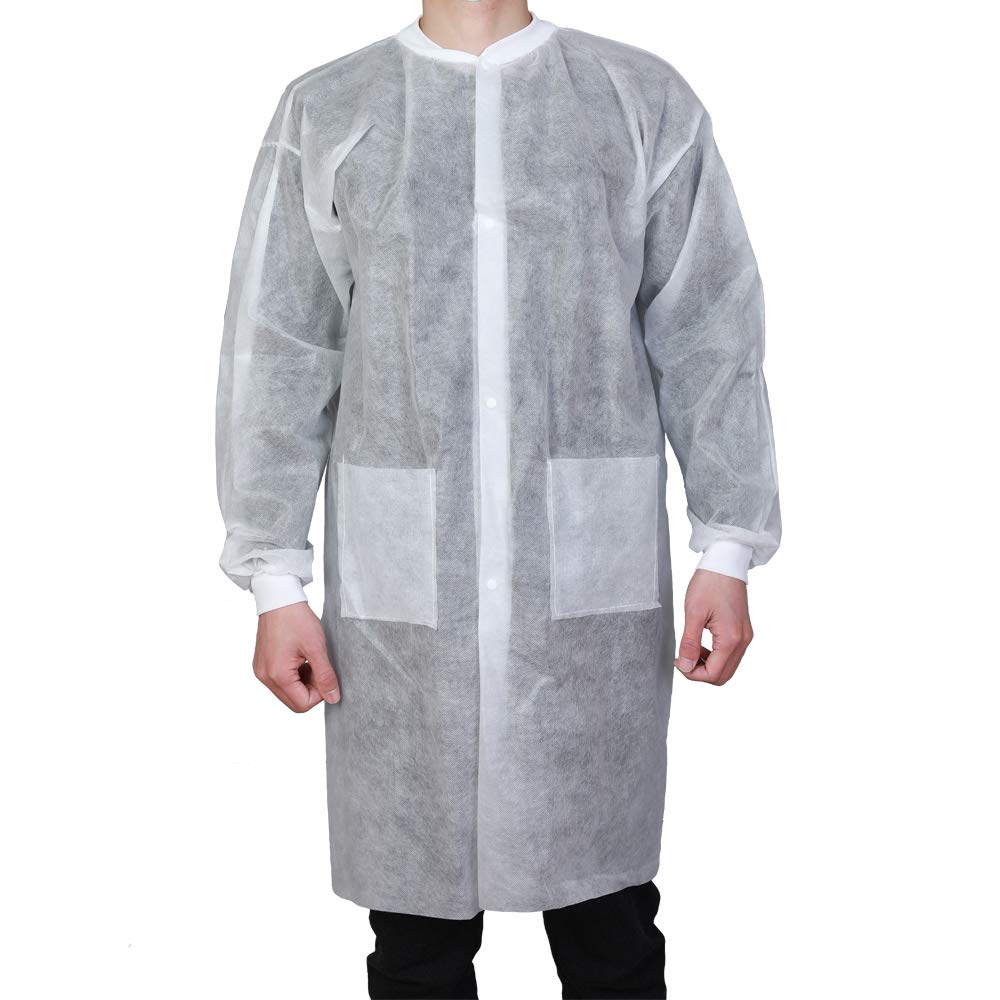Greenour Disposable Lab Coats with Pockets - Case of 50 White Lab Coats for Adults (Sizes Small to XX-Large) - Knitted Collar & Cuffs - Ideal for Medical, Laboratory, and Cleanroom Use