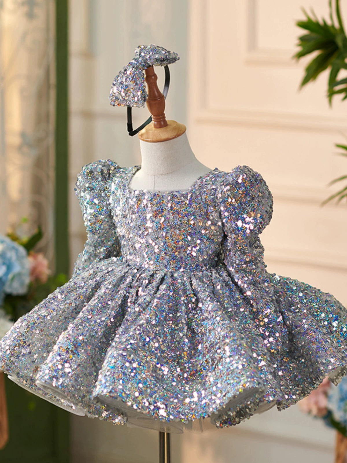 Elegant Dusty Blue Princess Square Neckline Sequined Flower Girl Dress for Weddings, Pageants & Special Occasions