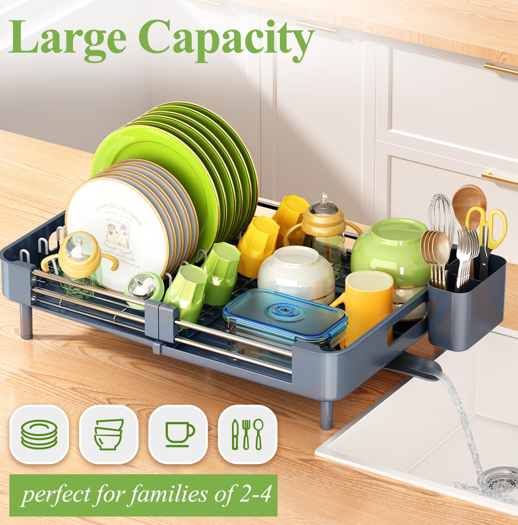 Stainless Steel Expandable Dish Drying Rack for Kitchen Counter - Large Dish Drainer with Utensil Holder, Space-Saving Grey Dish Rack - Perfect for Small Kitchens, Apartments & Dorm Rooms