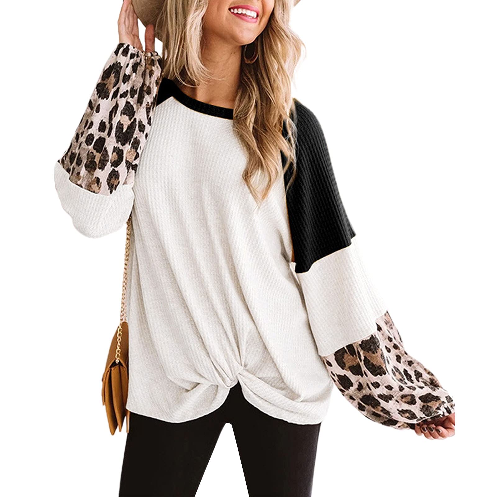 Lamuusaa Women's Casual Waffle Knit Tunic Top - Triple Color Block Puff Long Sleeve Loose Pullover Sweatshirt Blouse for Fall & Winter Layering | Office, Weekend & Coffee Date Outfits