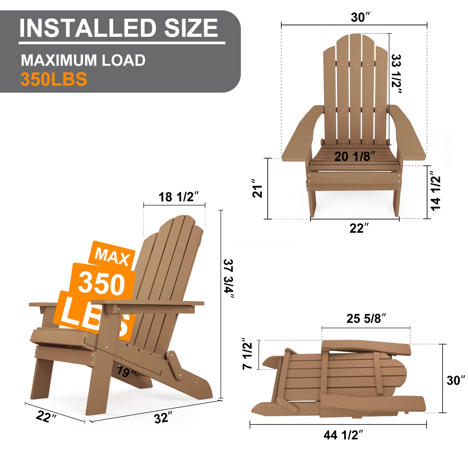 MXIMU Folding Adirondack Chair - Teak Plastic Outdoor Chair for Lawn, Backyard, Deck, Garden & Camping | Fire Pit Seating & Patio Relaxation