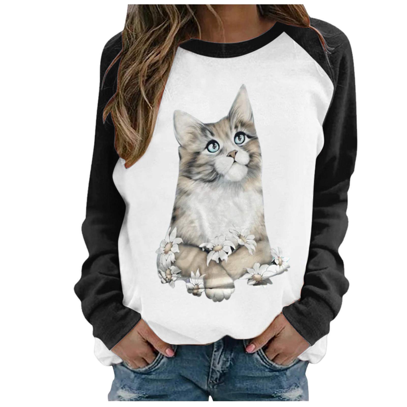 Women's Long Sleeve Blouses - Casual Raglan Cat Print Shirts for Women | Perfect for Office, Date Night & Everyday Wear