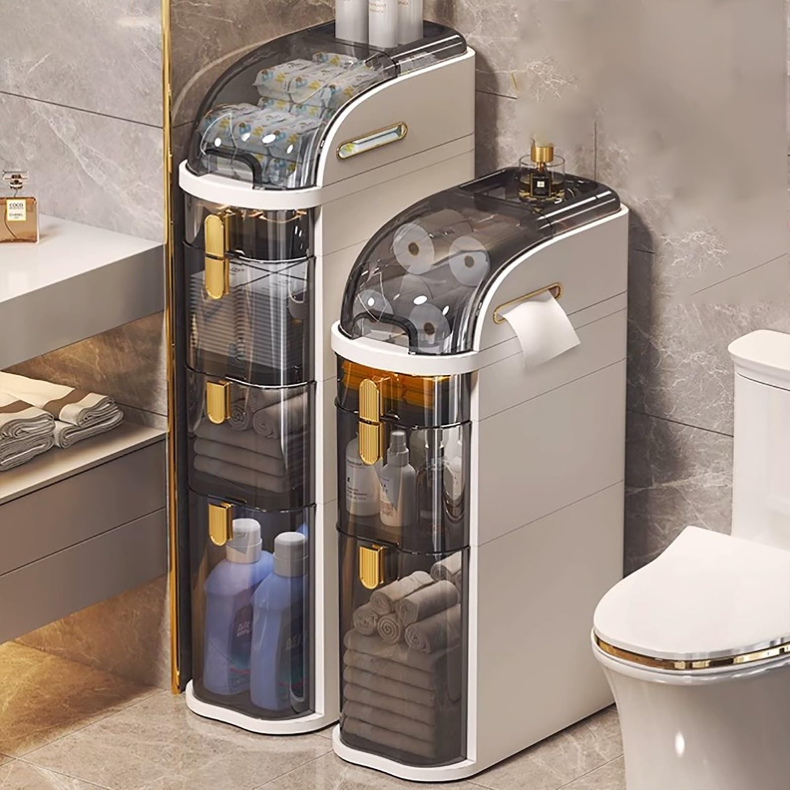 Slim Narrow Storage Cabinet with Drawers - Space-Saving Bathroom Floor Cabinet, Mobile Shelving Unit & Toilet Paper Holder - Plastic Organizer for Kitchen, Bedroom, Laundry Room (2-Tier) - Perfect for Small Spaces, Apartment Living & Bathroom Organization