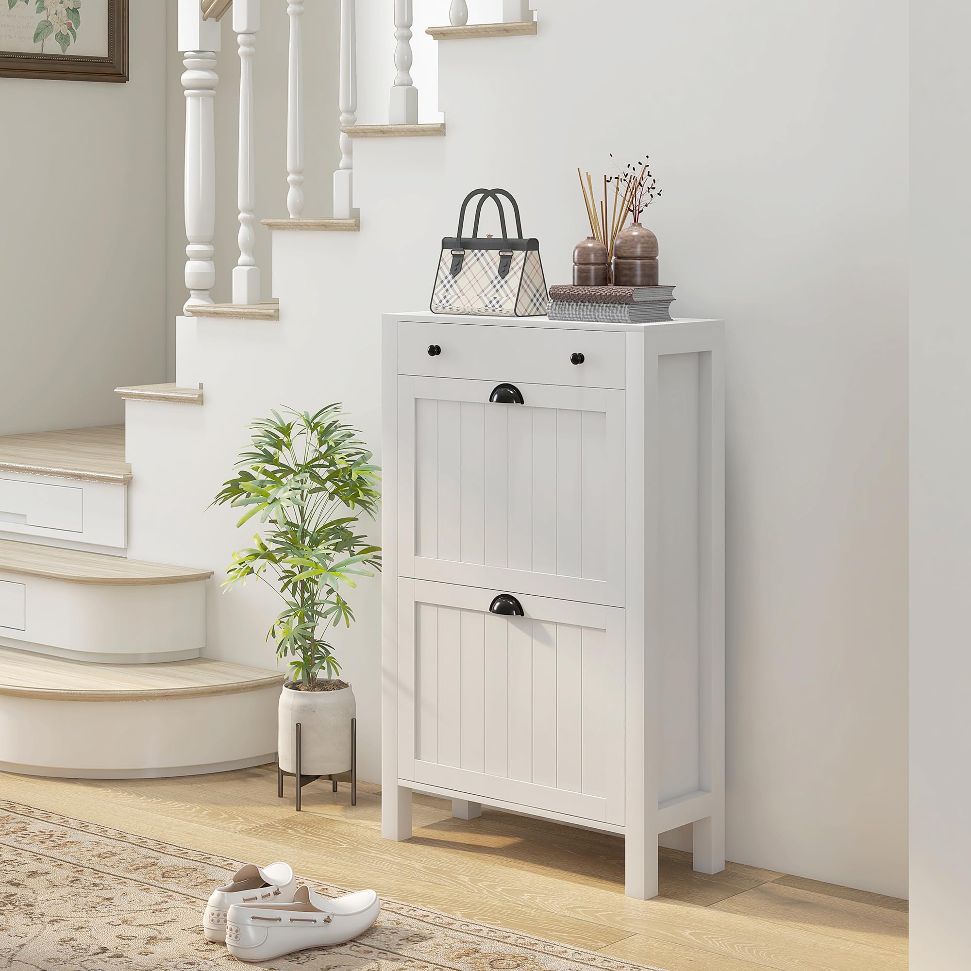 HOMCOM Shoe Cabinet Organizer - Freestanding Entryway Shoe Storage with 2 Flip Drawers & Adjustable Shelves, Holds 8 Pairs of Shoes - Perfect for Hallway, Closet or Small Space Organization