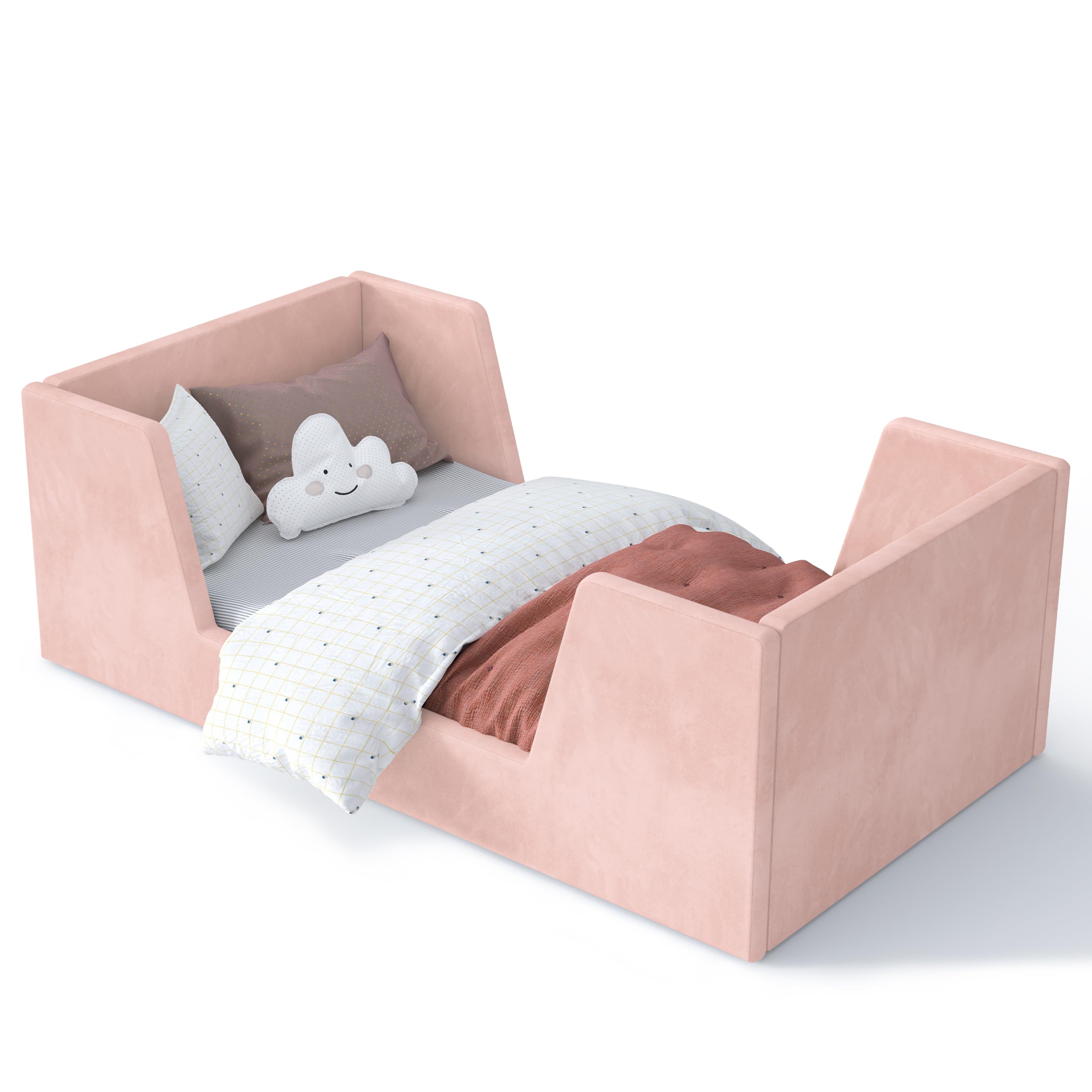 **Toddler Floor Bed with Guard Rails - Safe & Sturdy Kids Bed for Ages 2-6 Years | Standard Crib Mattress Compatible | Certified Fabric Toddler Bed for Boys & Girls | Perfect for Bedrooms, Daycare & Montessori Rooms**