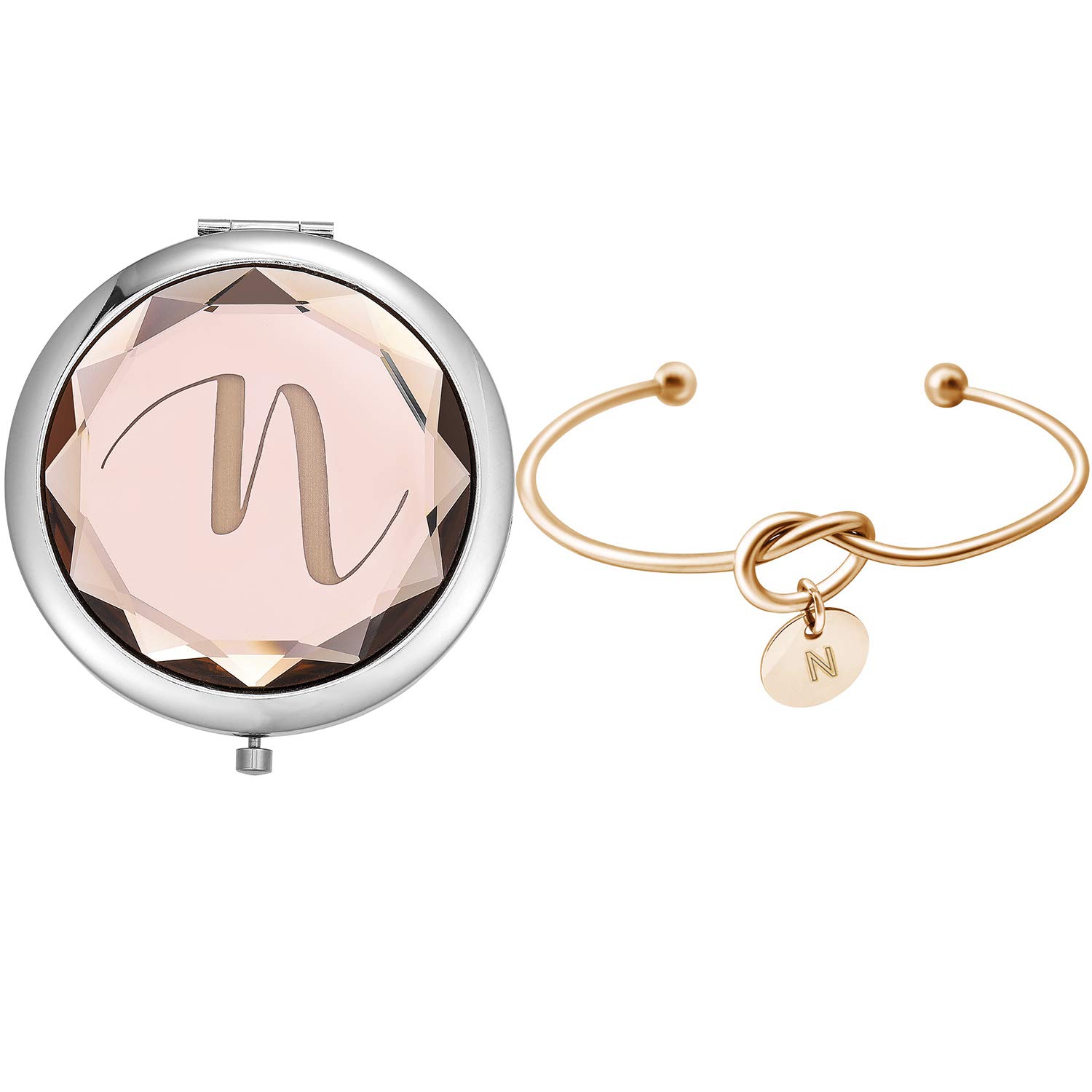 Elegant Compact Crystal Pocket Makeup Mirror Set with Love Knot Bracelet - Perfect for Bachelorette Parties, Bridesmaid Proposals & Wedding Gifts (Champagne) | Ideal for Travel, Bridal Showers & Special Occasions
