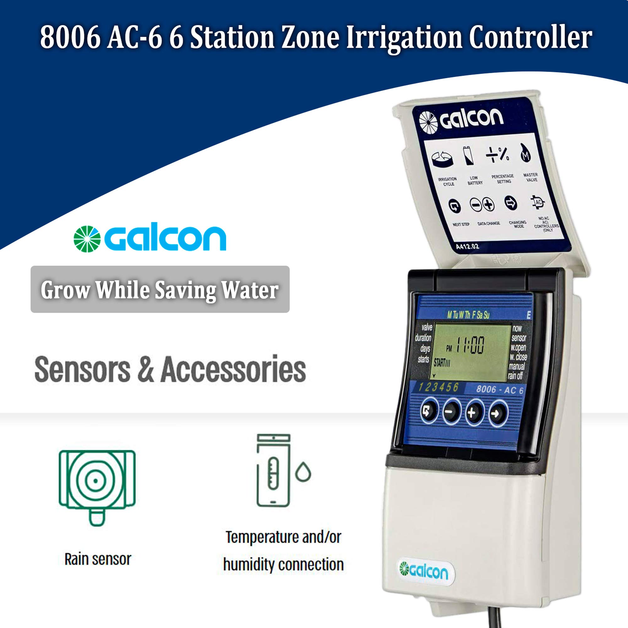 Galcon 8006 AC-6 6 Zone Automatic Sprinkler Controller - Programmable Irrigation Timer with Daily/Cyclic Settings for Lawn, Garden, Nursery & Greenhouse | Indoor Plant Watering System & Valve Box | Perfect for Residential Landscaping & Commercial Agriculture