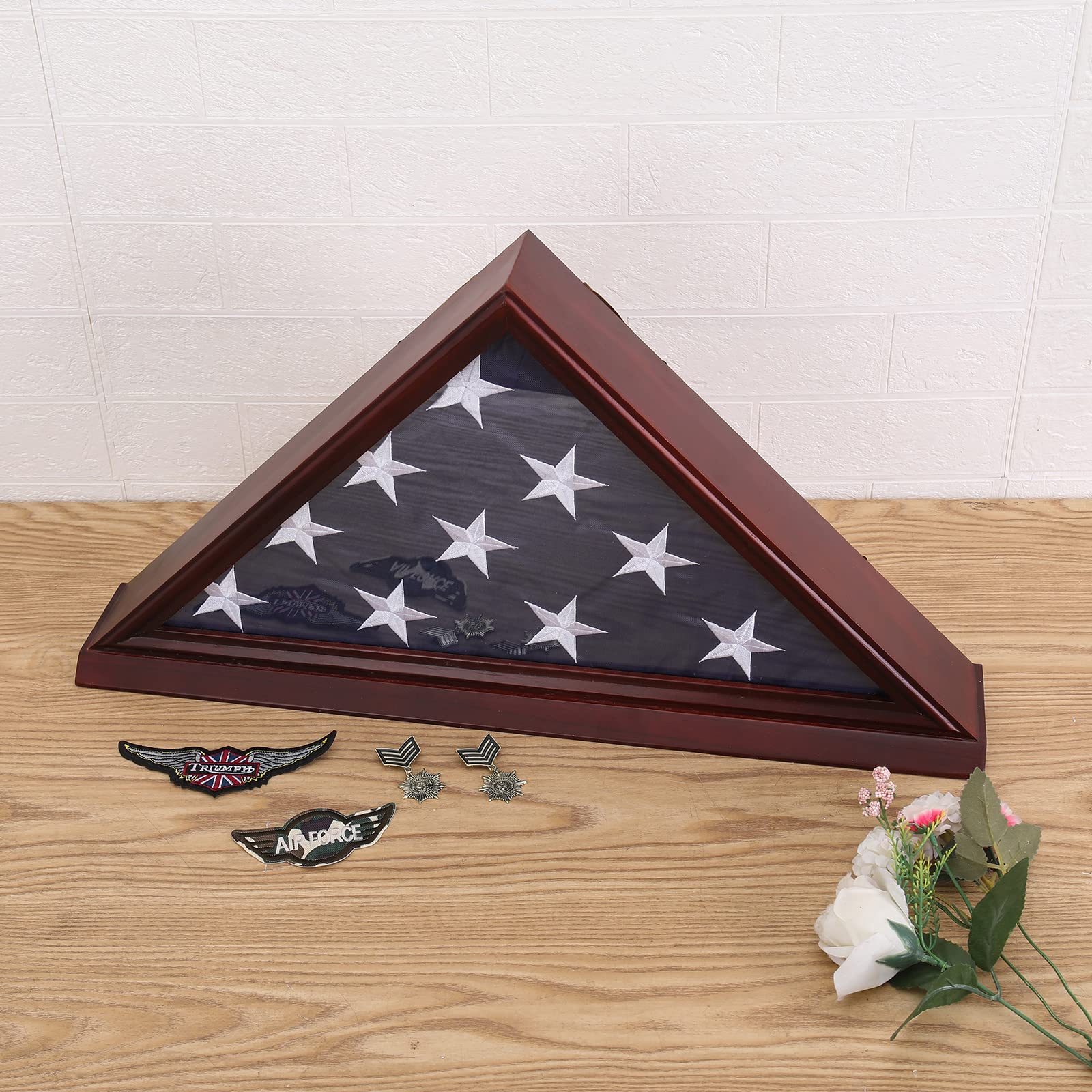 Military Flag Display Case with High Clarity Glass Front - Solid Wood Wall Mounted Shadow Box for 5'x9.5' American Veteran Burial Flag (Red) - Perfect for Honoring Veterans, Home Decor & Memorial Displays