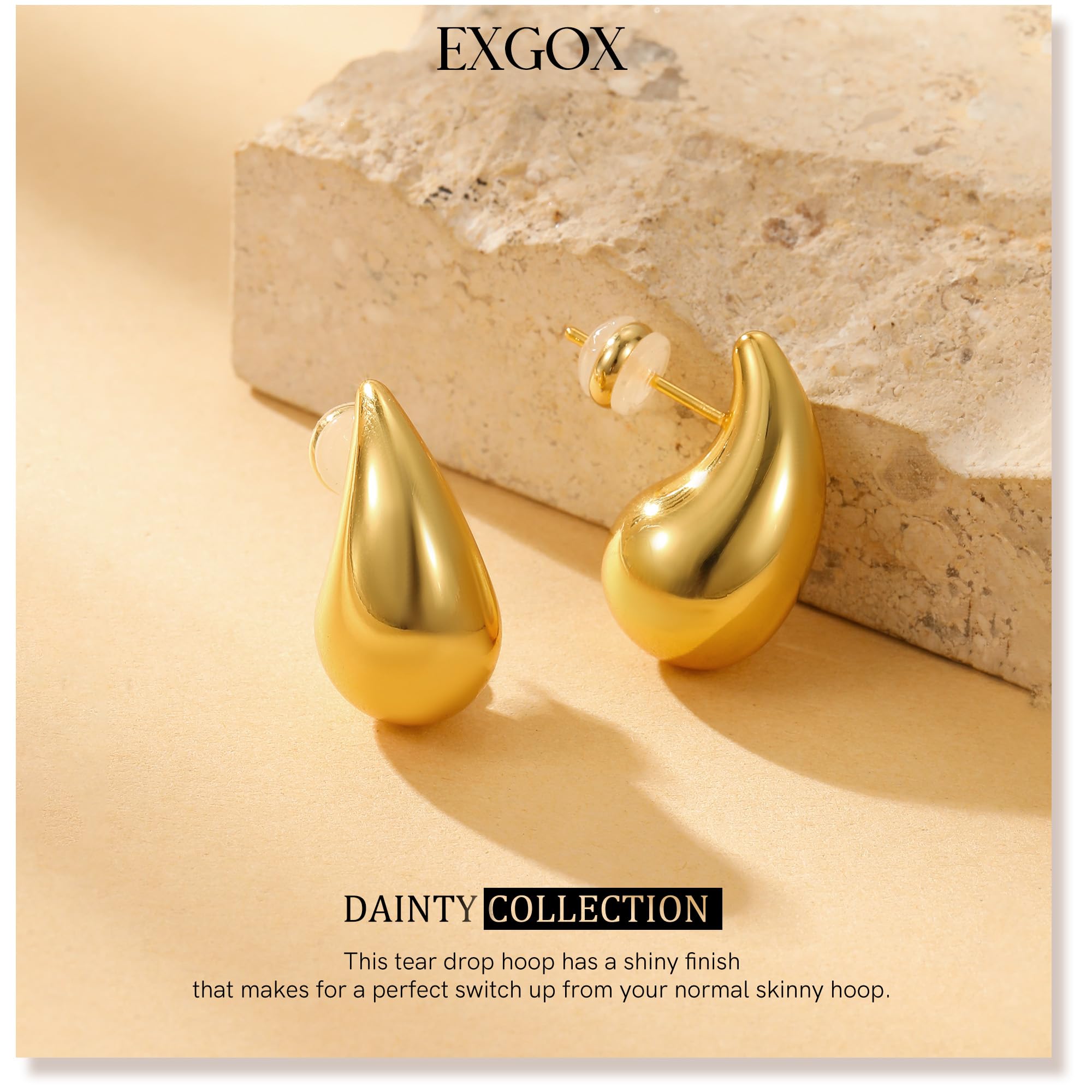 EXGOX Chunky Gold Hoop Earrings for Women - Lightweight Hypoallergenic Gold Plated Teardrop Drop Earrings - Thick Statement Jewelry Gift for Her - Perfect for Parties, Weddings & Everyday Wear