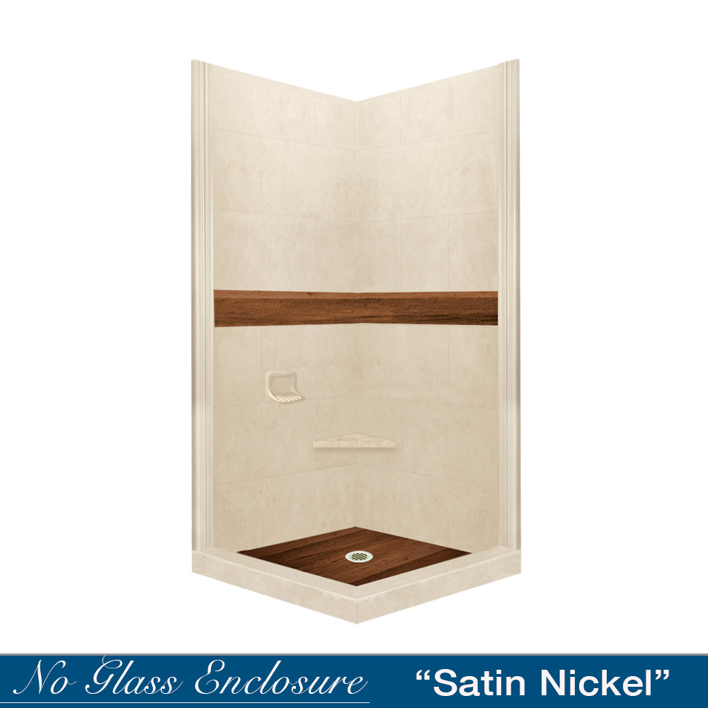 DIY Shower Remodel Kit - Corner Desert Sand Sistine Stone & Burnt Oak Wood Accent Panel for Bathroom Renovation | Waterproof & Easy Installation | Perfect for Modern Home Spa Upgrades