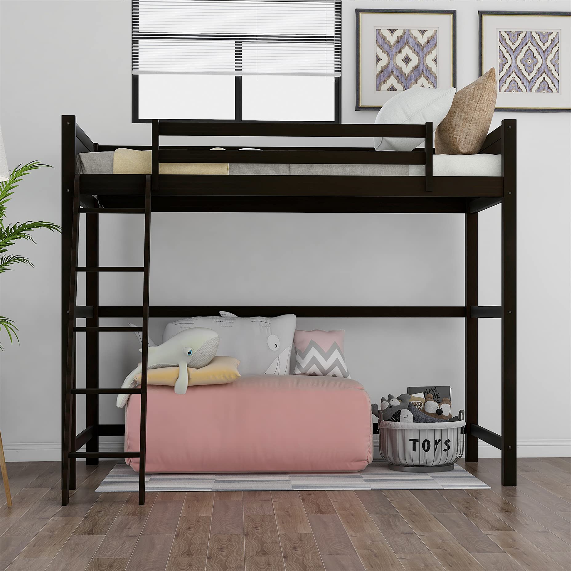 Harper & Bright Designs Twin Size Wooden Loft Bed with Ladder - Sturdy Bed Frame for Kids, Teens & Adults in Espresso Finish | Perfect for Small Rooms, Dormitories & Space-Saving Bedroom Solutions