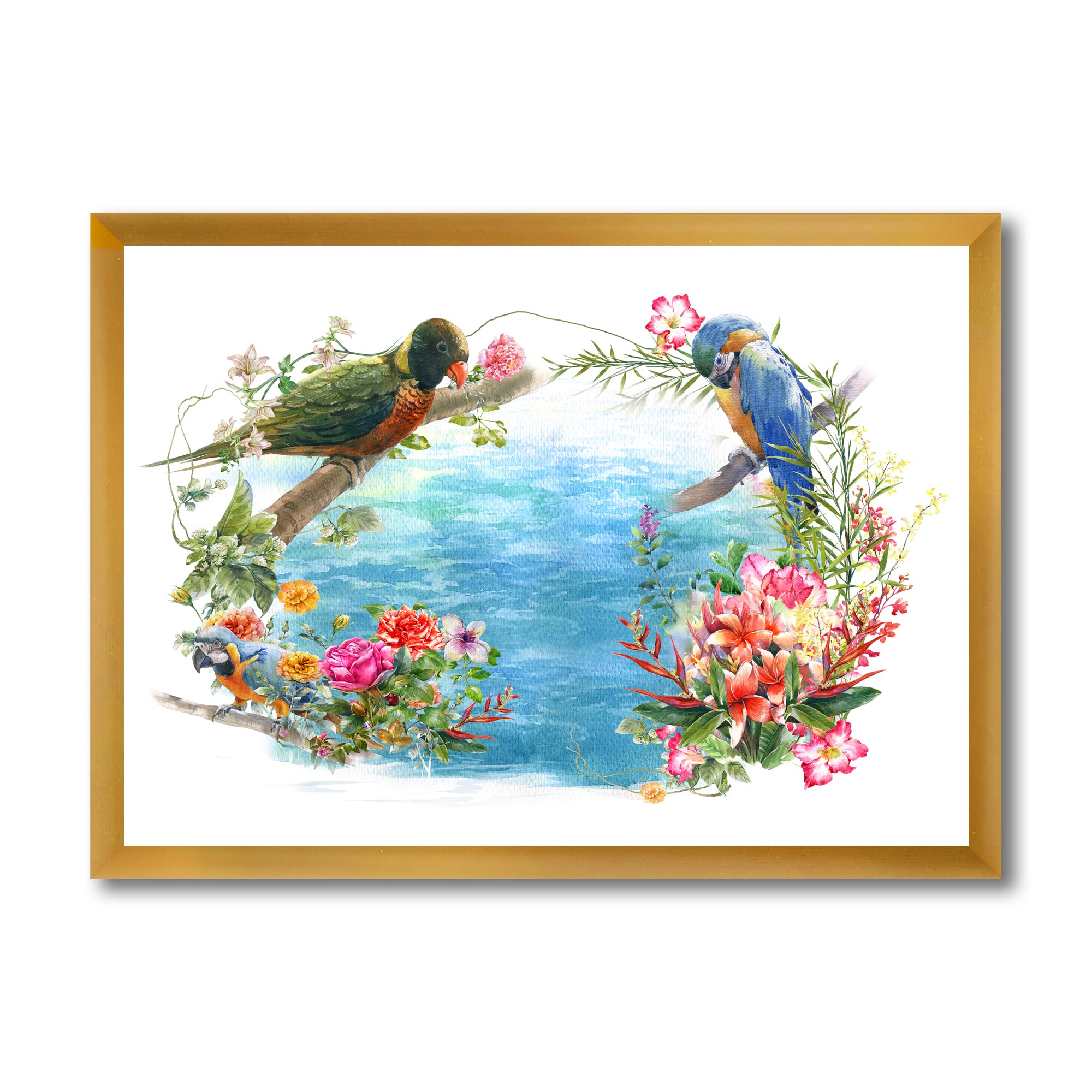 Birds and Flowers by the Blue Waterside - Traditional Framed Wall Art Painting for Living Room, Bedroom & Office Decor