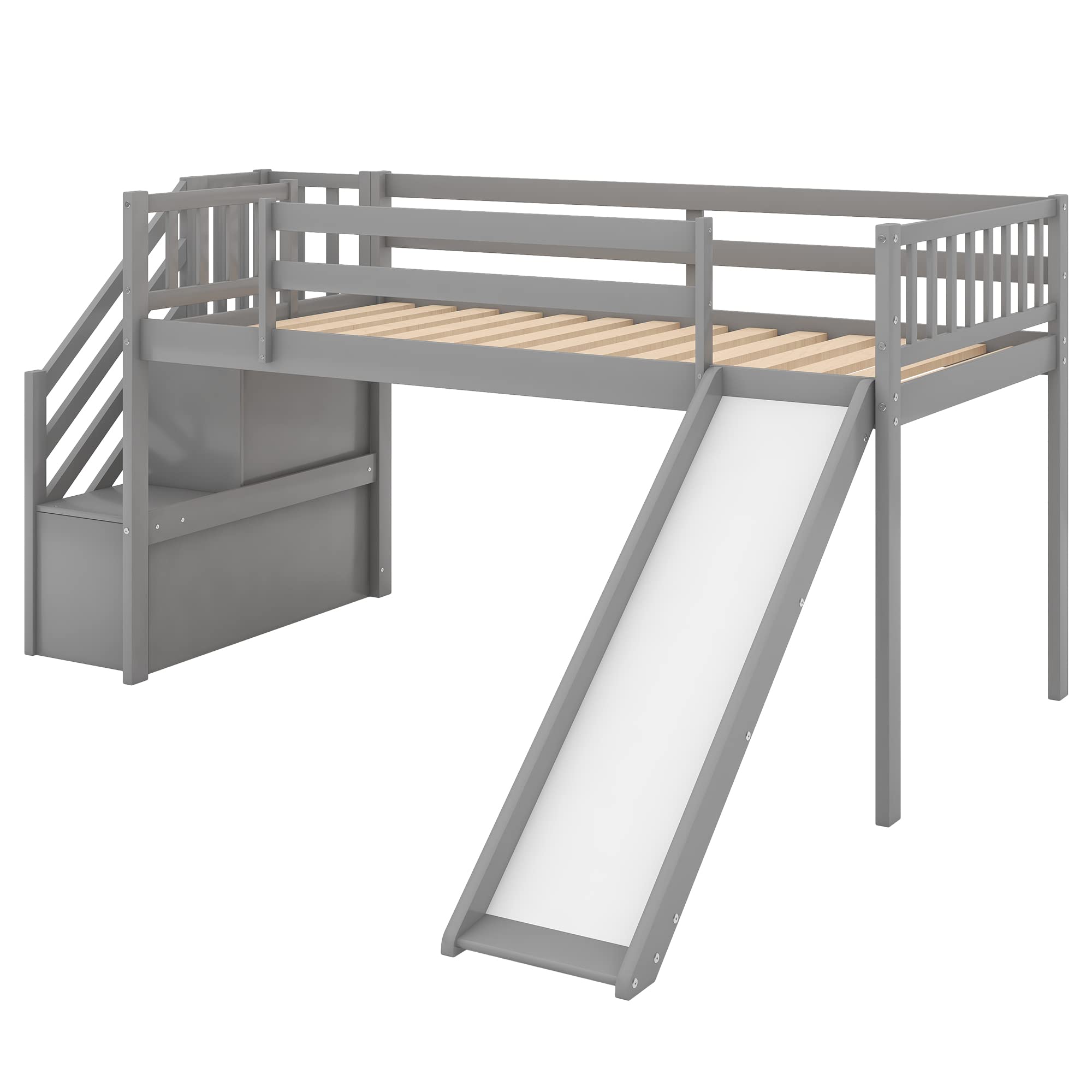 Convertible Twin Size Solid Wood Loft Bed with Fun Slide & Storage Staircase - Kids & Teens Low Bunk Bed with Safety Guardrail & Reinforced Wood Slats (Grey) - Perfect for Small Bedrooms, Playrooms & Dorm Rooms