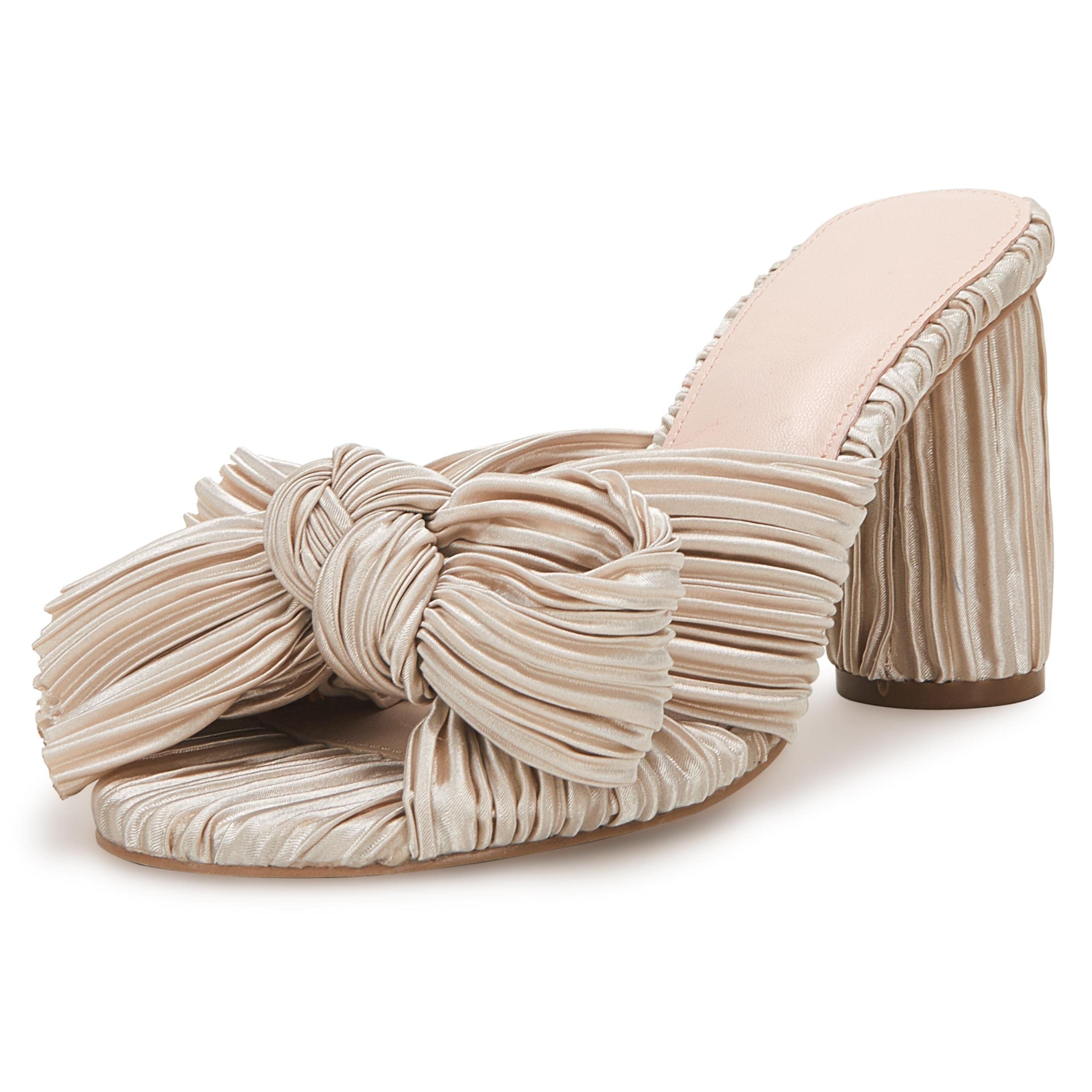 VETASTE Women's Pleated Bow Knot Heeled Sandals - Comfortable Slip-On Open Toe Block Chunky Heel Slides for Bridal, Wedding, Party & Dressy Occasions