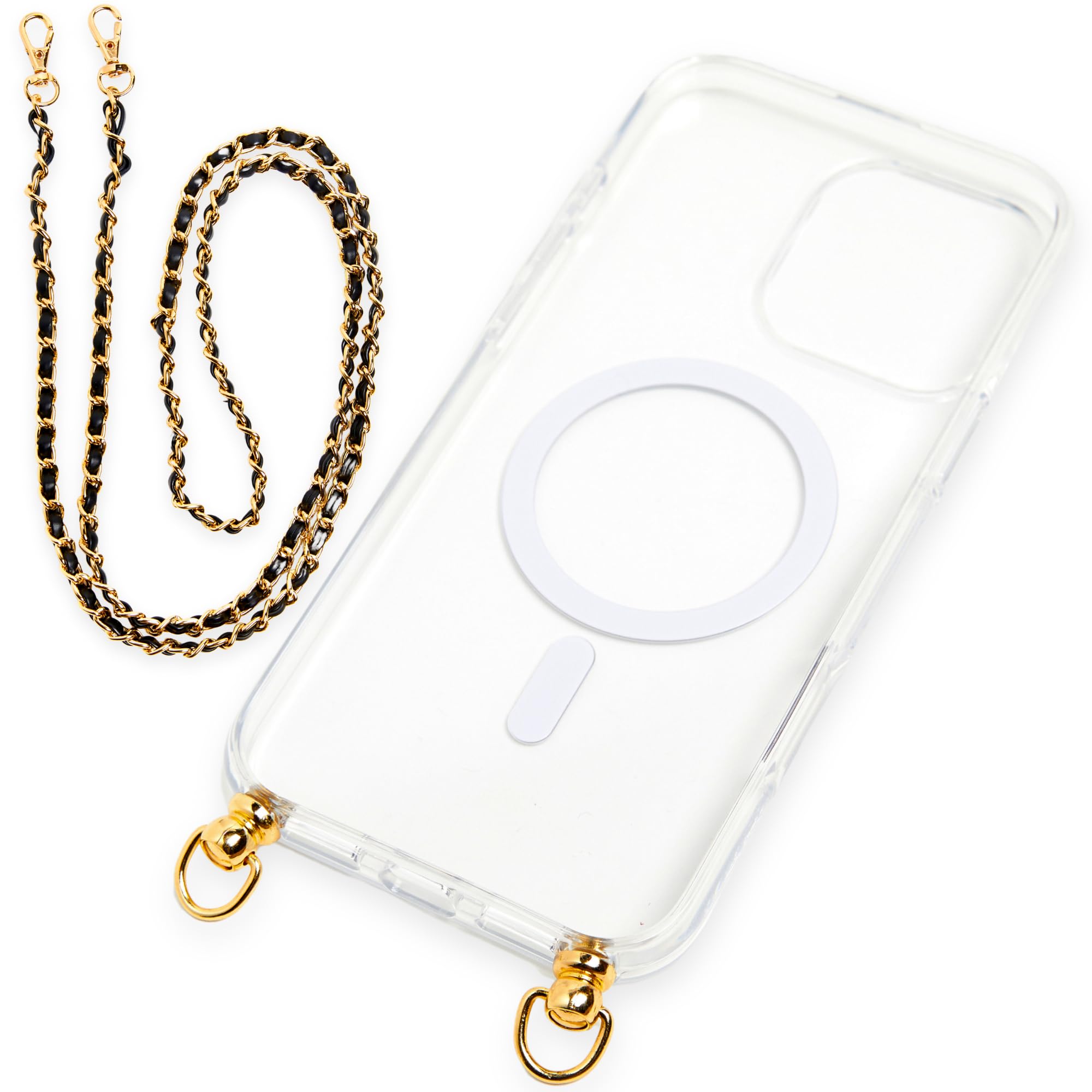 Premium MagSafe Clear Case for iPhone 13 Pro Max with Crossbody Chain - Luxury Protective Cover with Built-in Hook & Black/Gold Shoulder Strap | Magsafe Wireless Charging Compatible | Perfect for Travel, Shopping & Everyday Use