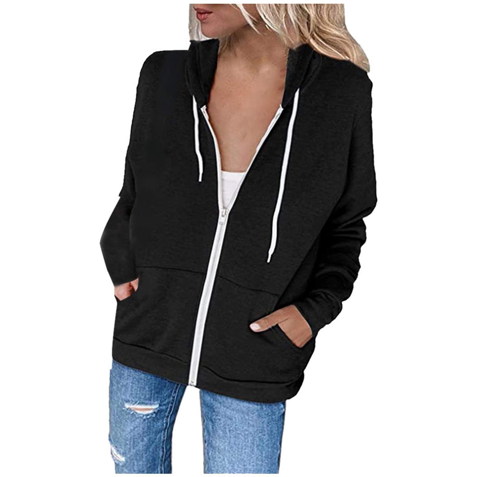 Women's Casual Hooded Zipper Pocket Blouse - Long Sleeve Solid Color Top & Spring Jacket for Outdoor Activities, Workwear and Daily Fashion