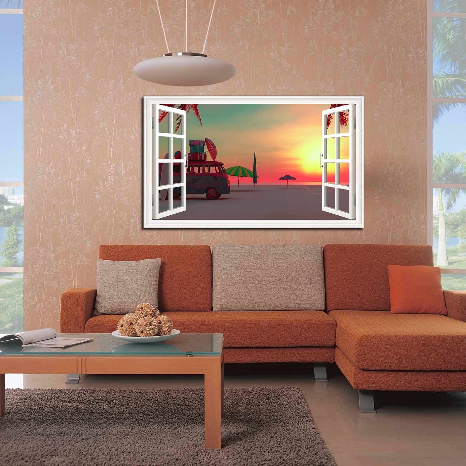 Minimalist Picnic Van Beach Canvas Art - Fake Open Window Wall Decor for Living Room, Office, Bedroom - Ready to Hang - Perfect for Coastal, Boho & Farmhouse Home Decor