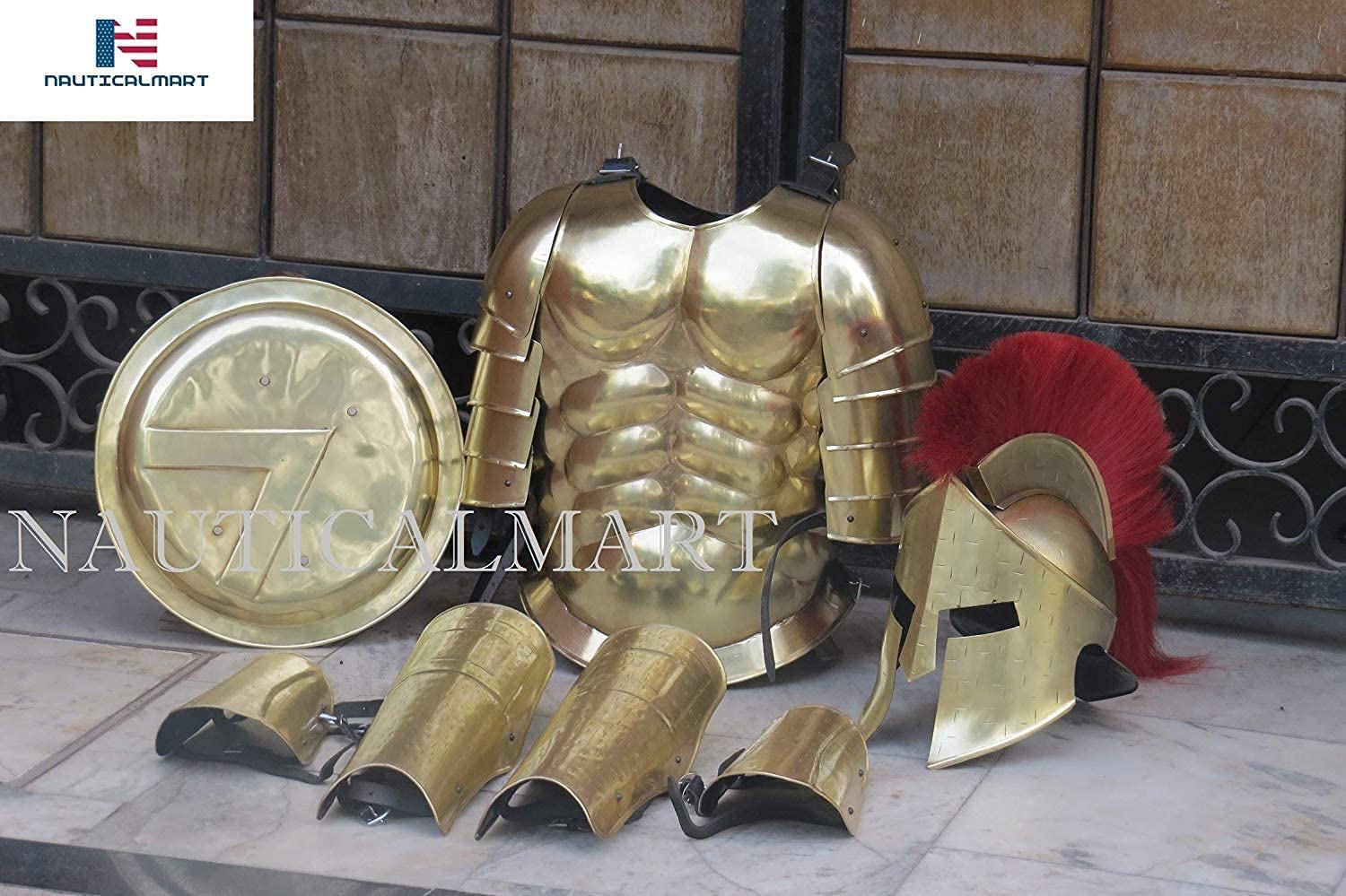 Medieval Armor Set - Spartan Warrior Cuirass with 300 Helmet, Leg & Arm Guards, Shield for Halloween Cosplay, LARP, Renaissance Fairs & Historical Reenactments